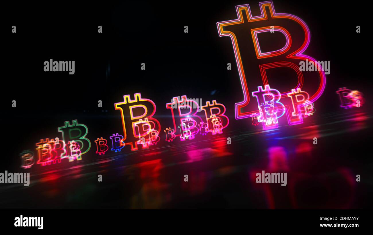 Simbolo Bitcoin, attività di moneta criptovaluta, sicurezza, concetto di ciclo al neon dell'icona mineraria. Illustrazione del rendering 3d astratto futuristico. Foto Stock