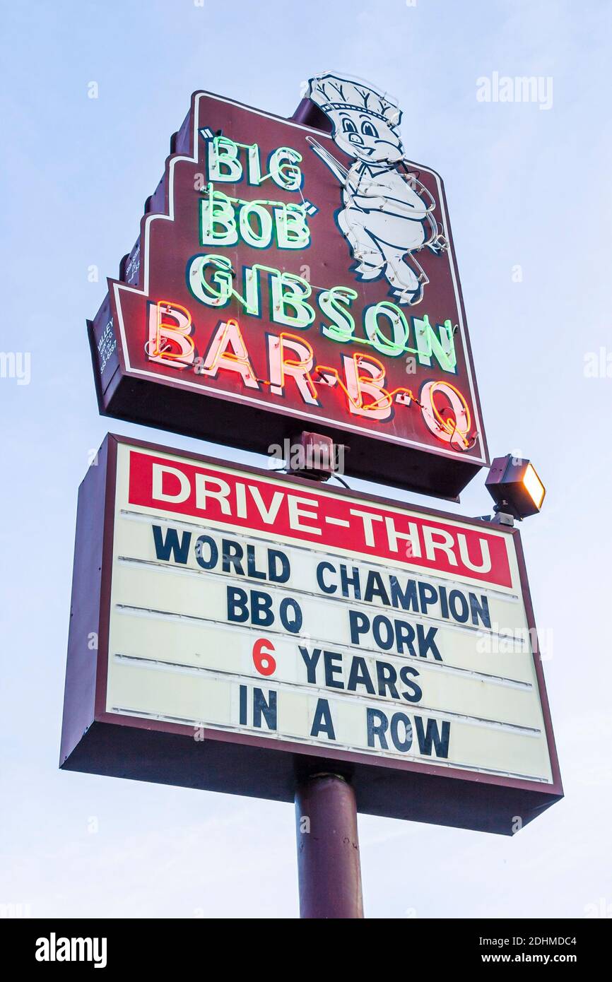 Alabama Decatur Big Bob Gibson Bar B Q cartello neon, barbecue mondo di maiale champs, Foto Stock