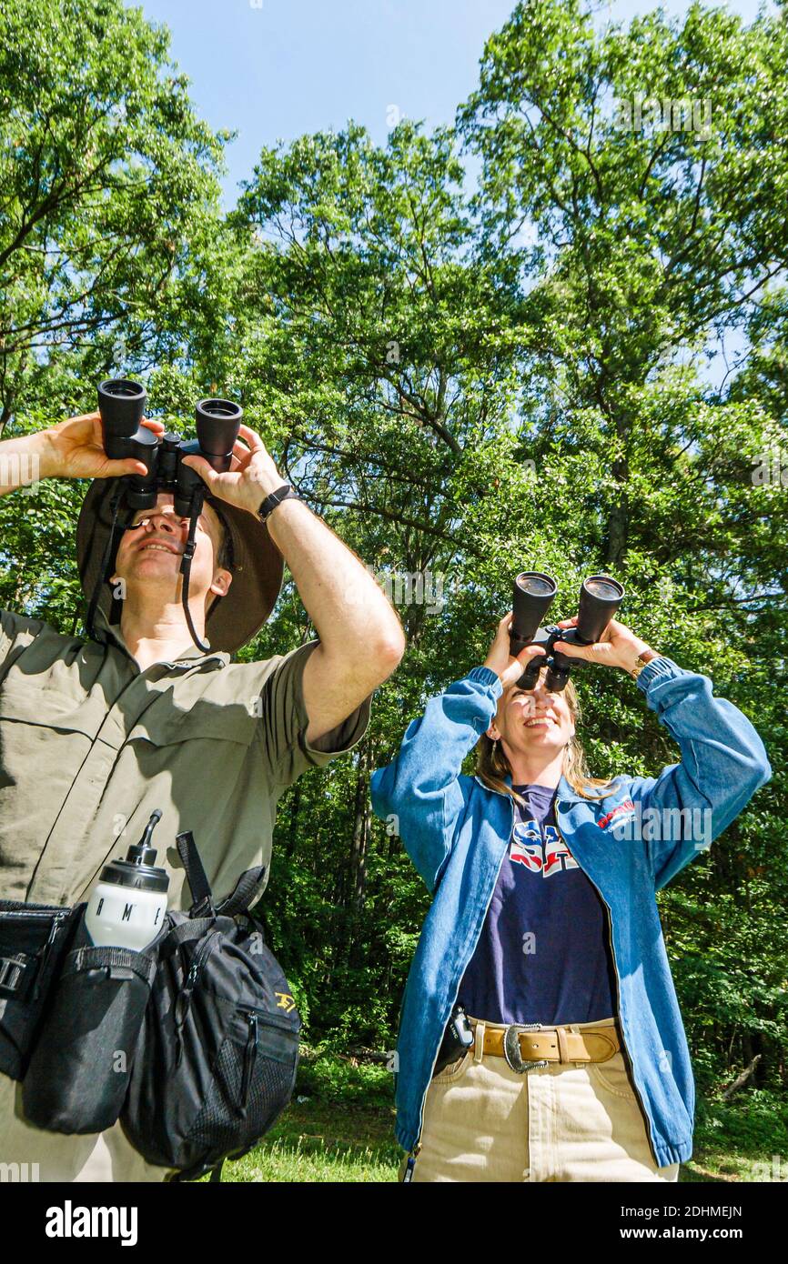 Alabama Decatur ospitalità Parco Naturale birdwatching birdder, uomo binocolo donna coppia femminile cercando, Foto Stock