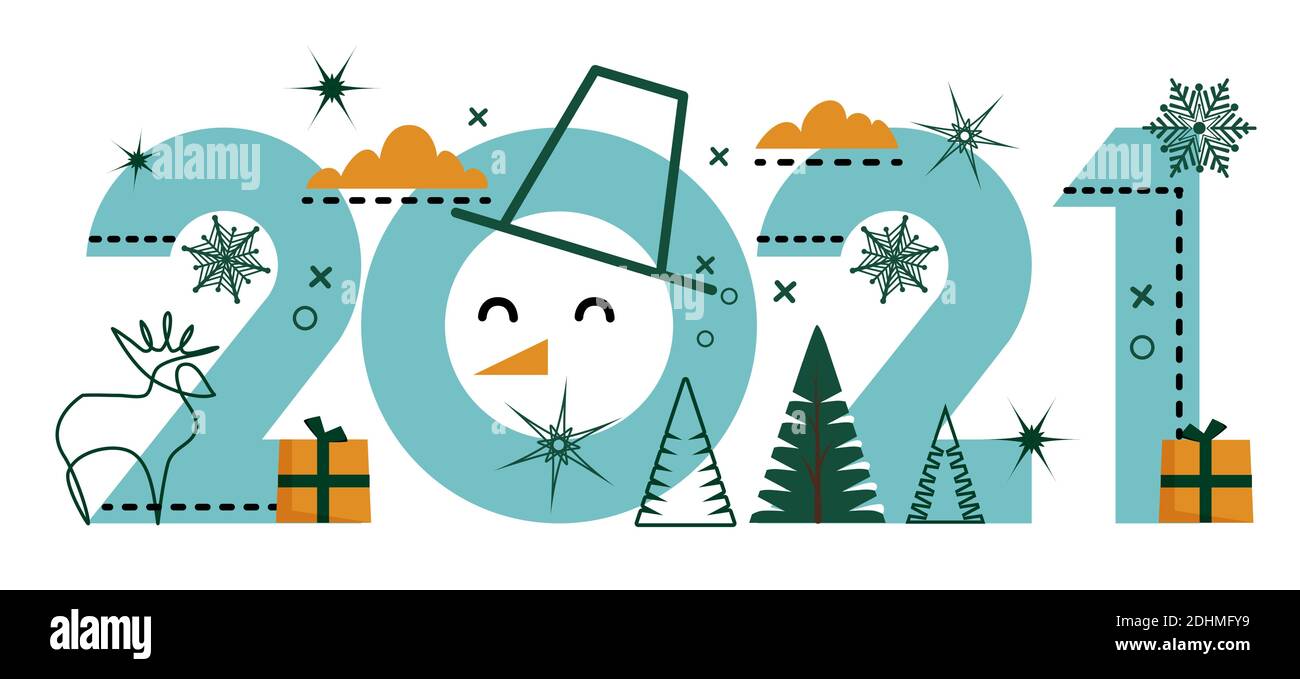 Didascalia di testo grande 2021. Design con cervi, fiocchi di neve e confezioni regalo. Illustrazione Vettoriale