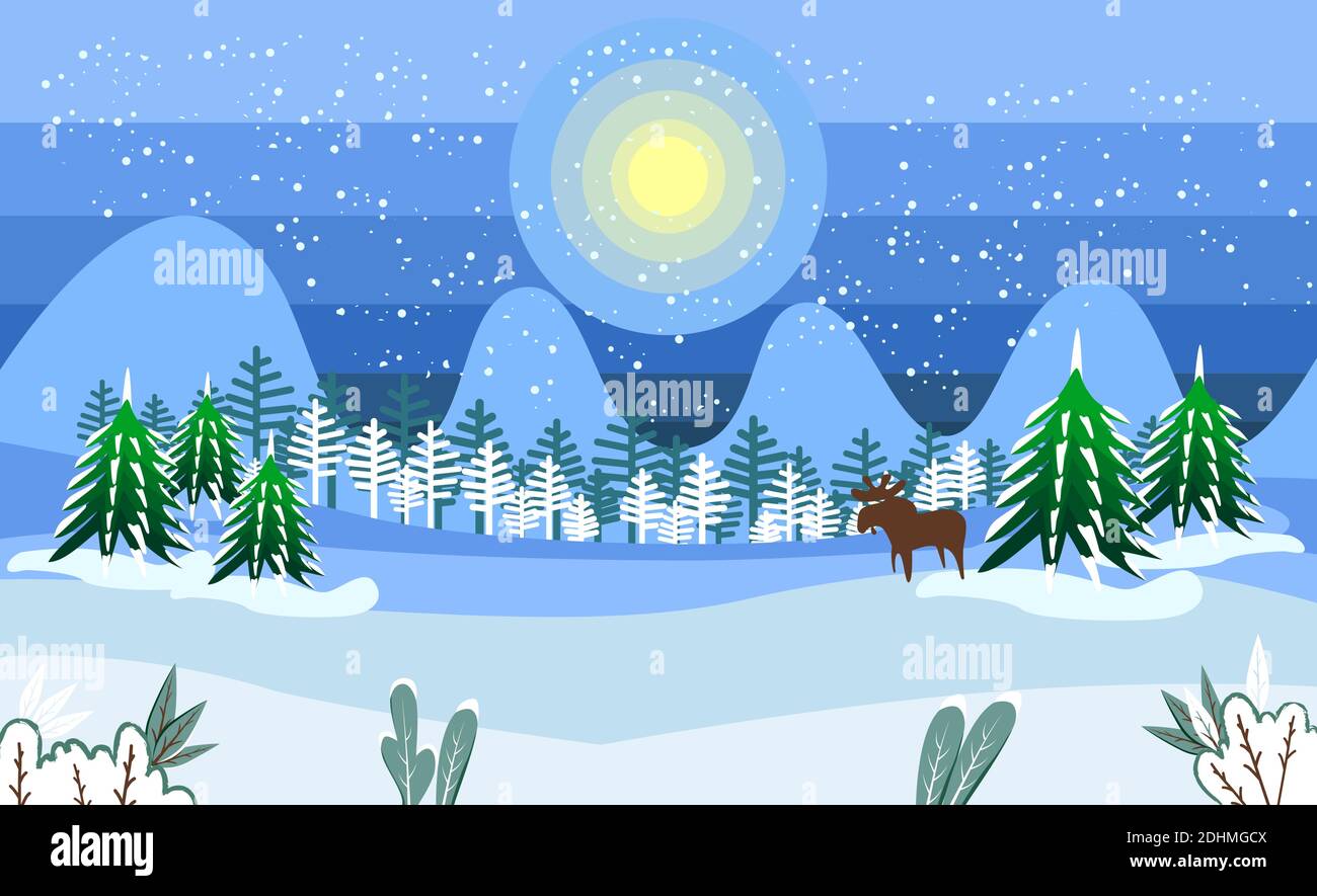 Paesaggio invernale notturno con campi innevati, colline e luna piena. Sfondo di Natale. Illustrazione Vettoriale