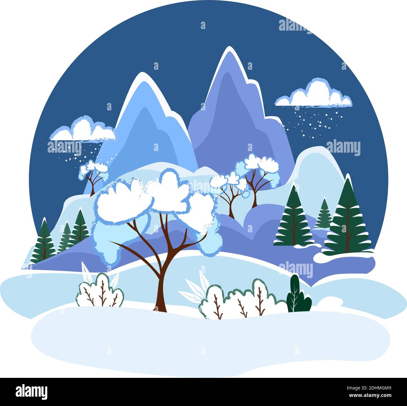 Paesaggio invernale notturno con montagne innevate e foreste. Logo rotondo di montagne e colline. Semplice illustrazione vettoriale in stile piatto. Illustrazione Vettoriale