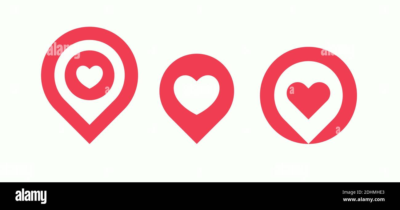 Set di icone dei luoghi preferiti, raccolta di pin dei luoghi preferiti, puntatore della posizione amore con cuore, modello di logo vettoriale isolato. Illustrazione Vettoriale
