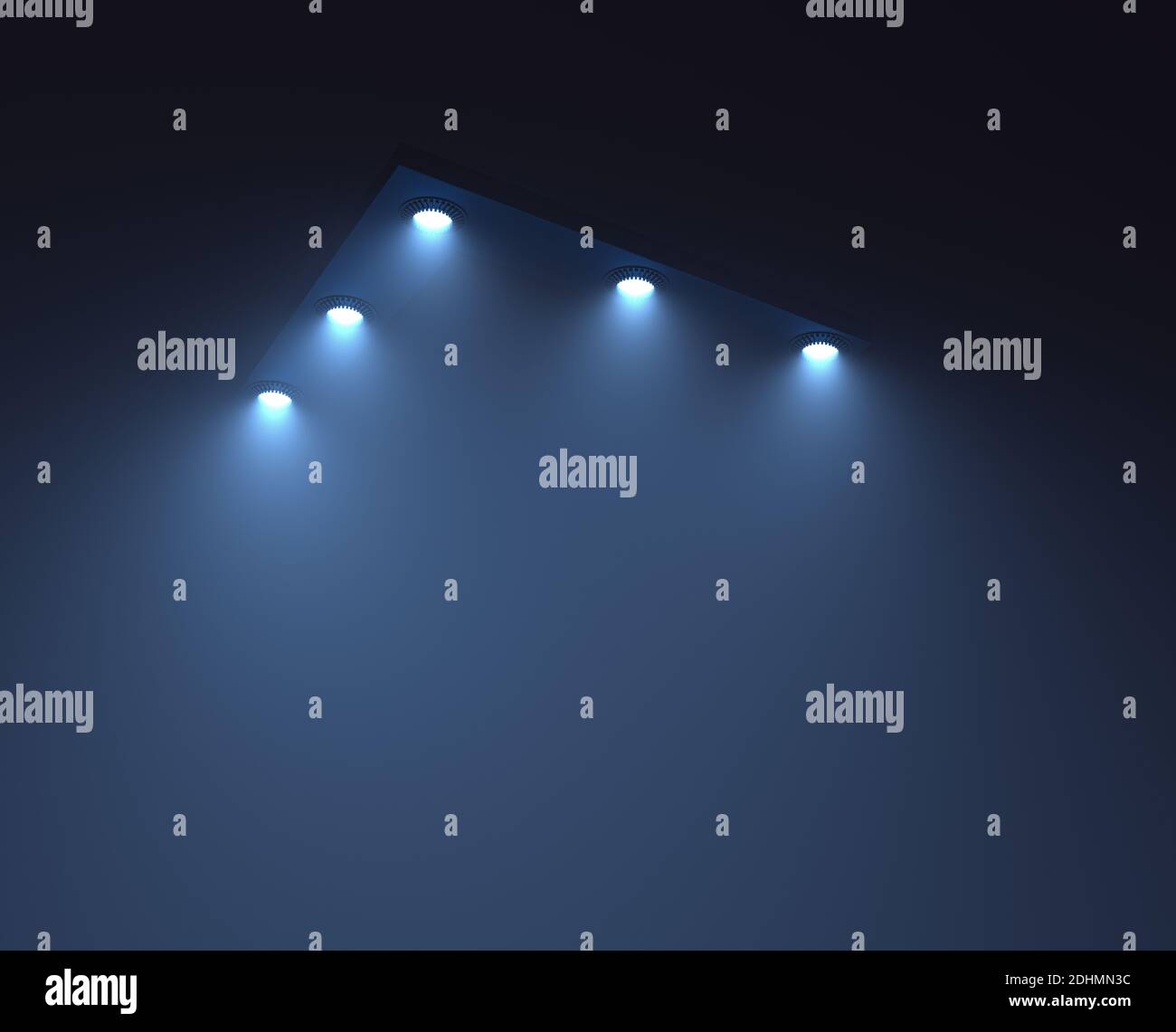 Oggetto volante non identificato di notte con nebbia e luce sotto. UFO triangolare, illustrazione 3D. Foto Stock