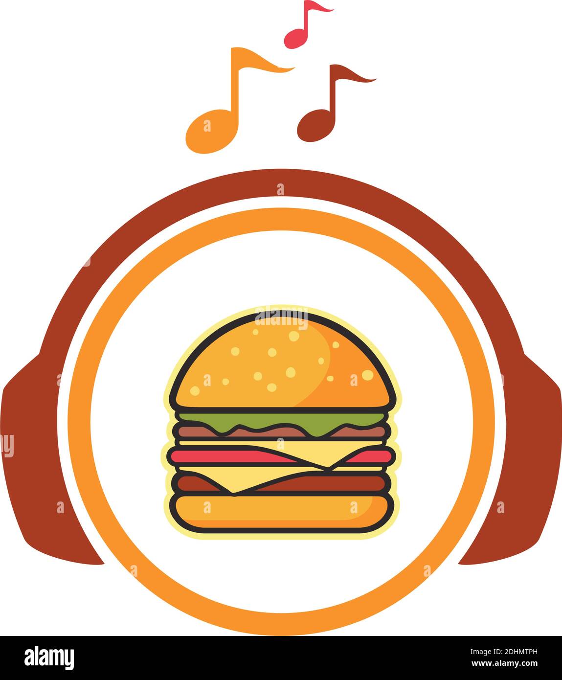 burger con musica cuffie icona flat logo concetto di design vettoriale Illustrazione Vettoriale