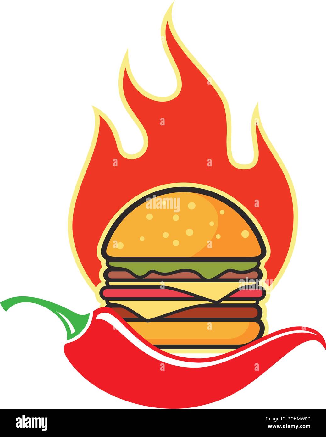 hot chili piccante burger icona flat logo concetto di design vettoriale Illustrazione Vettoriale