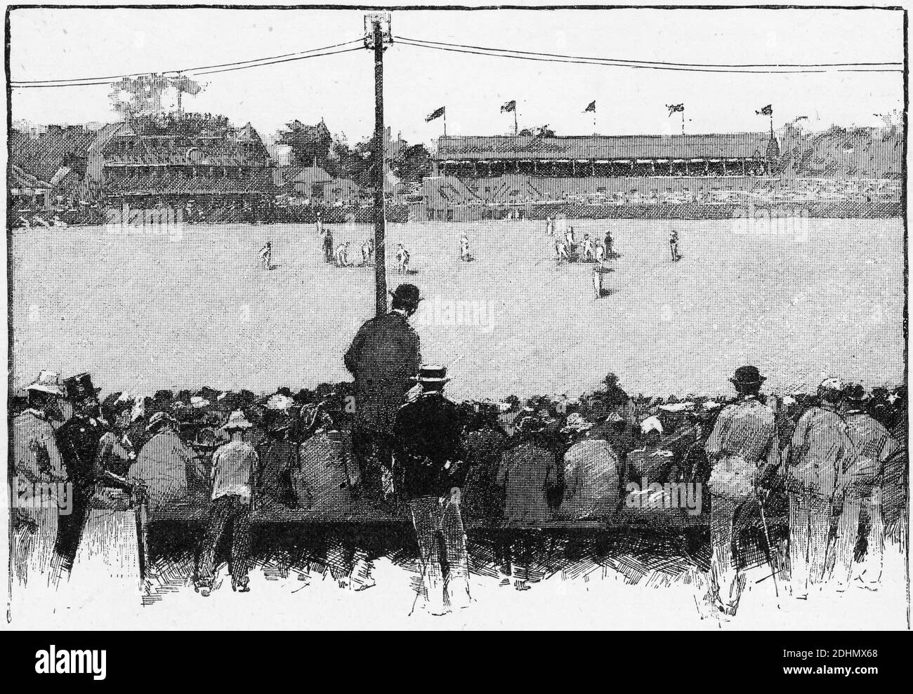 Incisione di una folla che guarda una partita di cricket a Melbourne, Victoria, Australia, circa 1880 Foto Stock