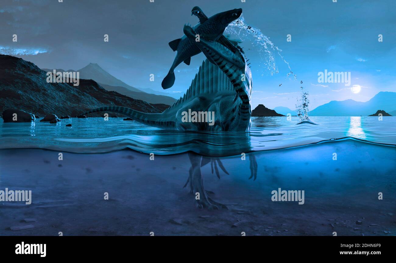 Lo Spinosaurus (che significa "lucertola di pino") era probabilmente il più grande dinosauro che mangia carne a, secondo una stima, fino a 18 metri di lunghezza. Nominato per Foto Stock