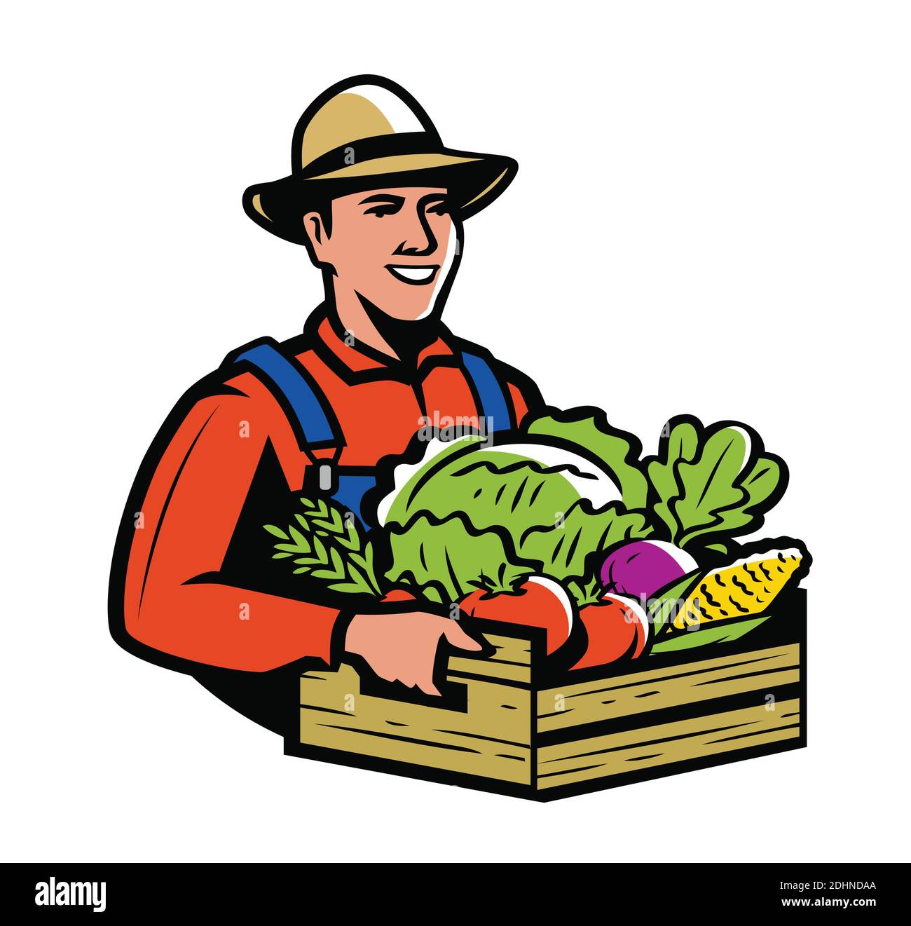 Coltivatore che tiene la scatola di legno verdure complete. Azienda agricola, illustrazione del vettore agricolo Illustrazione Vettoriale