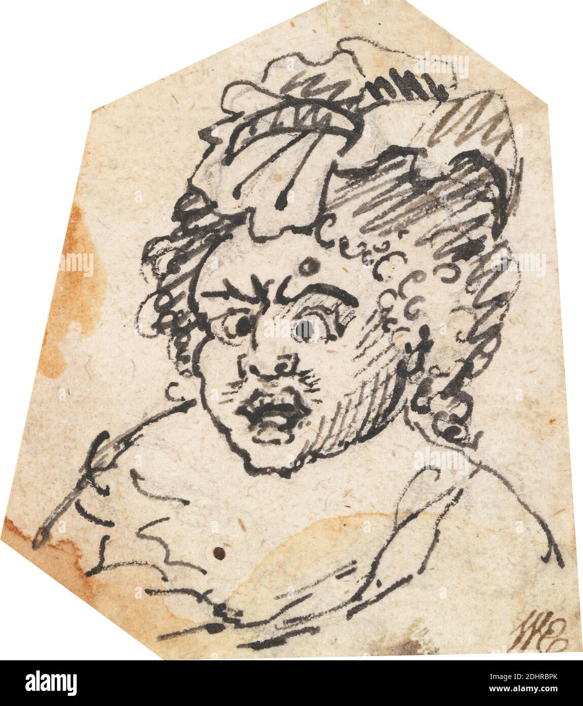 Grottesque Female Head, attribuito a William Hogarth, 1697–1764, inglese, non satinato, penna e inchiostro nero su carta media, leggermente testurizzata, crema, foglio: 2 1/8 x 1 7/8 pollici (5.4 x 4.8 cm), cofani (cappelli), caricatura, mole (aspetto facciale), parrucche, donne Foto Stock