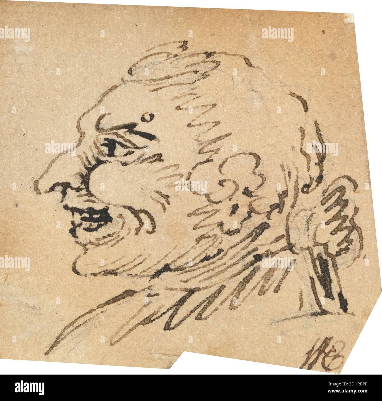 Grottesque testa maschio, attribuita a William Hogarth, 1697–1764, inglese, non satinato, penna e inchiostro nero su carta media, leggermente testurizzata, crema, foglio: 1 3/4 x 1 3/4 pollici (4.4 x 4.4 cm), caricatura, teste, uomini, mole (aspetto facciale), parrucche, rughe Foto Stock