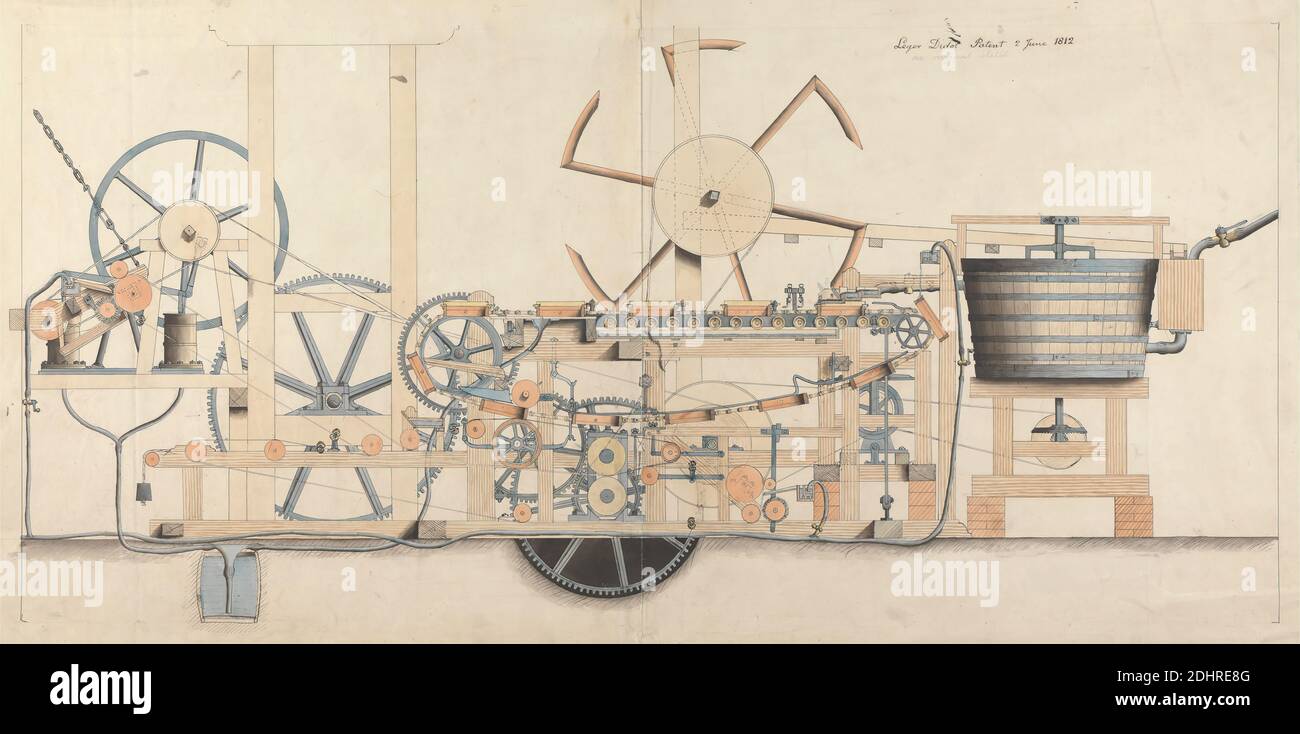 Machinery for the Manufacture of Paper, John Farey Jr., 1791–1851, British, ca. 1810, acquerello, penna e inchiostro nero, grafite, e lavaggio grigio su carta di spessore moderato, leggermente testurizzata, crema, wove, foglio: 17 13/16 × 39 3/4 pollici (45.2 × 101 cm) e immagine: 15 1/8 × 32 1/16 pollici (38.4 × 81.4 cm), soggetto architettonico, macchinari, ruote Foto Stock