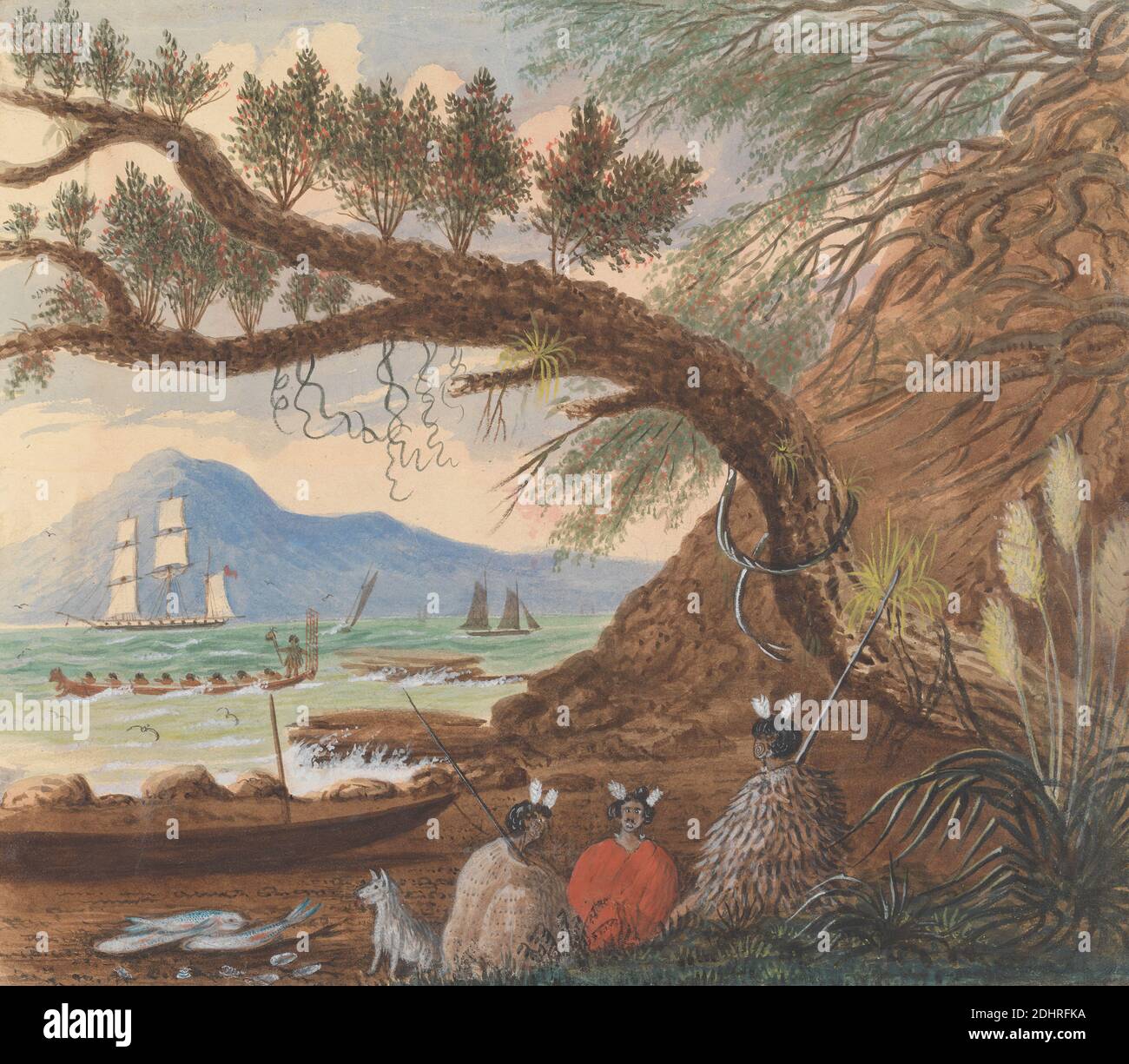 Vista vicino Auckland: Three Maoris and a Dog, Lt. Gen. Charles Emilius Gold, 1803?–1871, 1860, acquerello, gouache e grafite su carta di wove cremosa, spessore moderato, testurizzata, foglio: 10 5/8 × 12 1/2 pollici (27 × 31.8 cm), cane (animale), pesce, paesaggio, montagne, navi, Auckland, Nuova Zelanda, Oceania Foto Stock