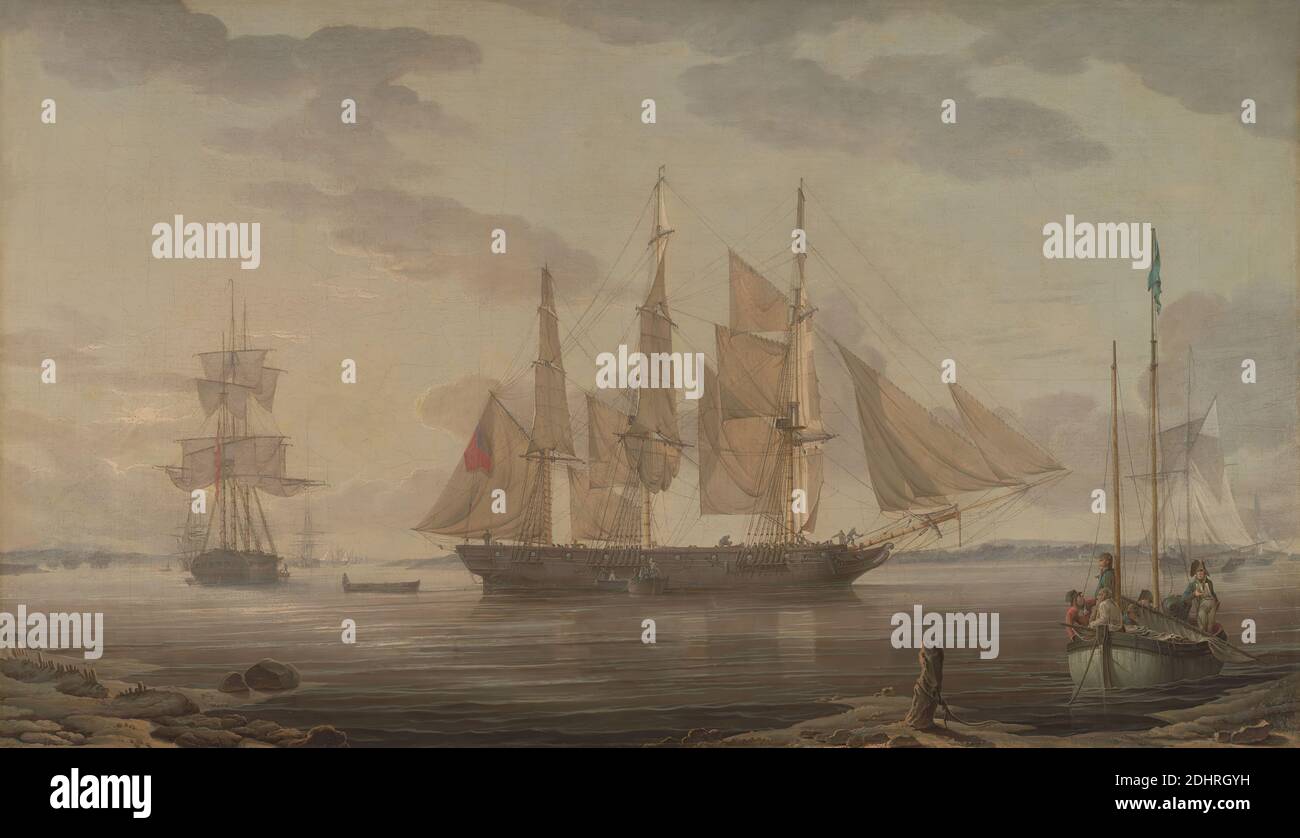 Navi in porto, Robert Salmon, 1775–ca.1845, British, 1805, petrolio su tela, supporto (PTG): 26 1/2 x 45 pollici (67.3 x 114.3 cm), bicorne, barche, cannone, molo, navi a pieno carico, porto, ketch (nave a prua e poppa), arte marina, ufficiali (ufficiali militari), porto, barca a remi, mare, navi a terra, nave a terra Foto Stock