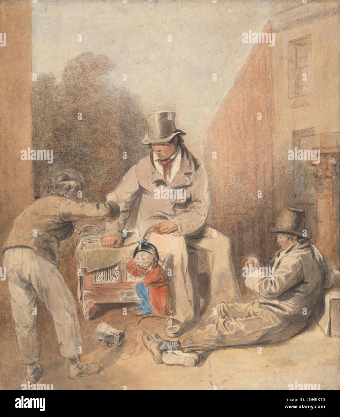 Uomo e bambini con un organo di strada e una scimmia, Thomas Heaphy, 1775–1835, inglese, non satinato, acquerello, con penna in inchiostro grigio, gouache e grafite su terreno, leggermente testurizzato, crema, carta wove, foglio: 14 9/16 × 12 3/4 pollici (37 × 32.4 cm), arte animale, costruzione, bambini, studio delle figure, soggetto del genere, uomini, scimmia (animale), cappello Foto Stock