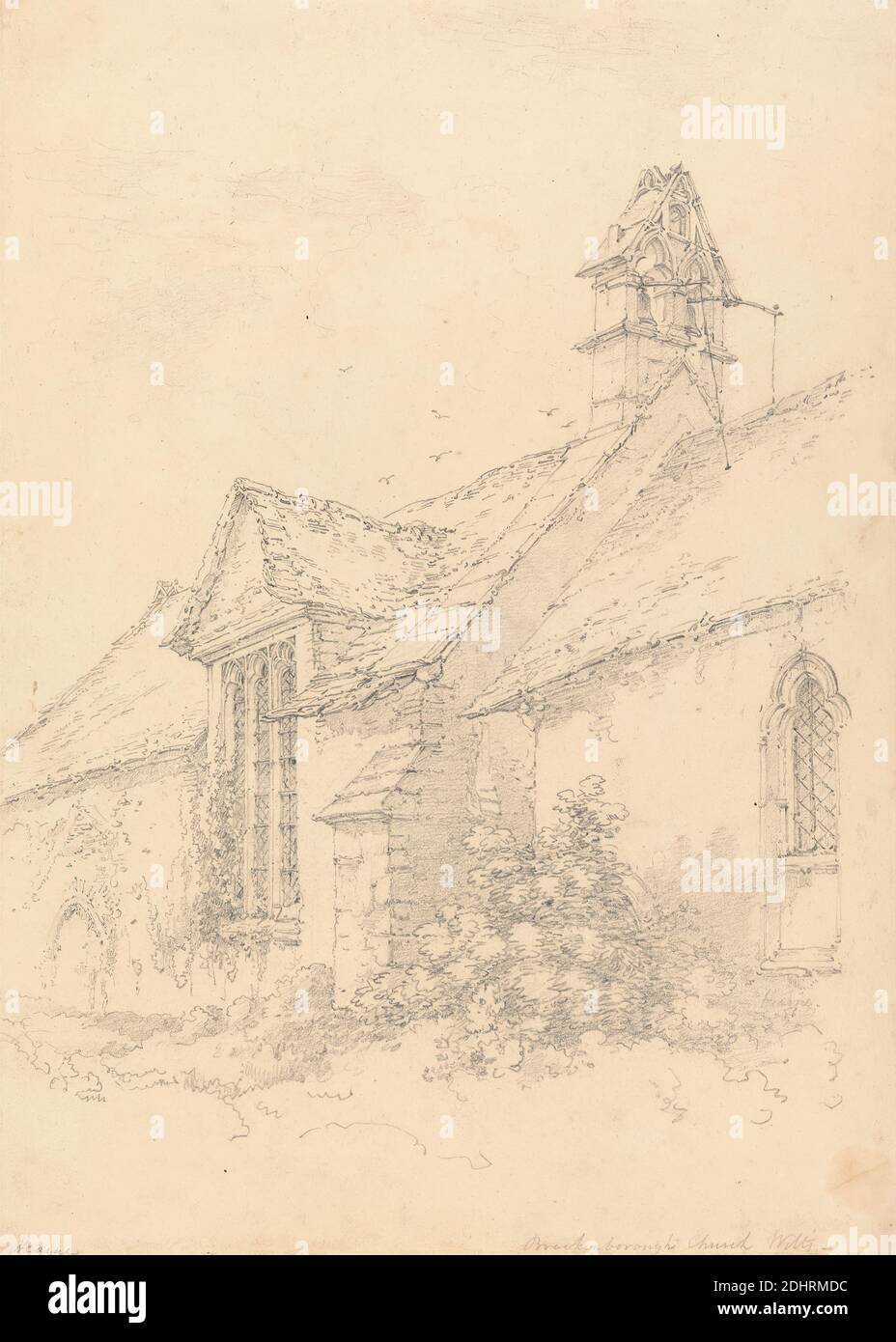 BrackenBOROUGH Church, Wiltshire, Thomas Hearne, 1744–1817, inglese, non satinato, grafite su carta wove di spessore moderato, leggermente testurizzata, beige, foglio: 12 1/2 x 9 pollici (31.8 x 22.9 cm), soggetto architettonico, edificio, cespugli, camino, chiesa, porta, portale, vetrate, finestra, Inghilterra, Europa, Regno Unito, Wiltshire Foto Stock