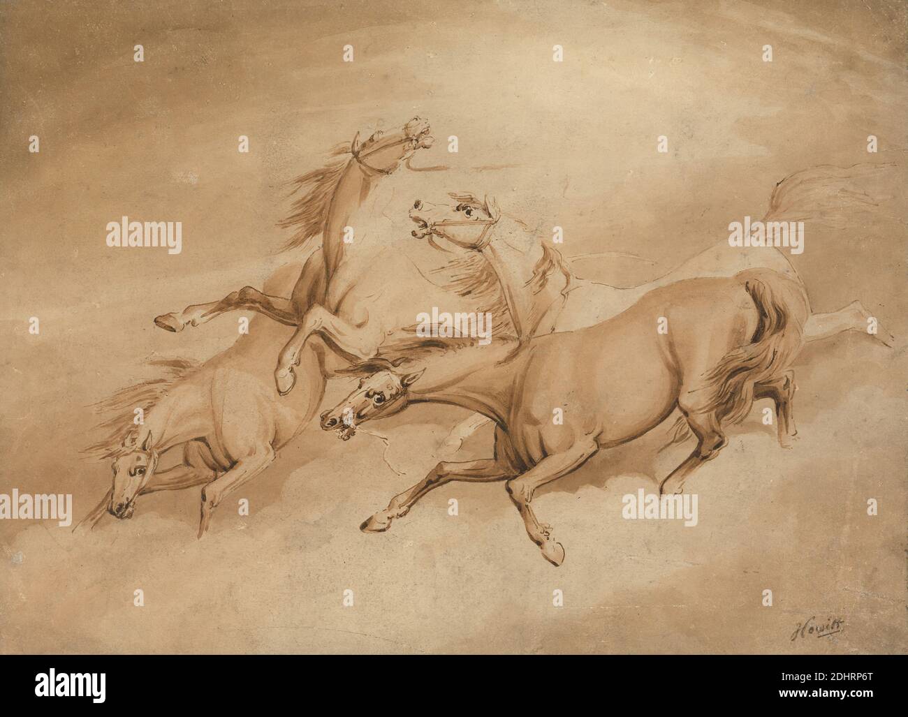 Quattro cavalli di Galloping, Samuel Howitt, 1756–1822, inglese, non satinato, inchiostro penna e marrone e lavaggio marrone su carta media, leggermente testurizzata, crema di carta, foglio: 9 1/4 × 13 1/4 pollici (23.5 × 33.7 cm), galoppo, cavalli (animali Foto Stock