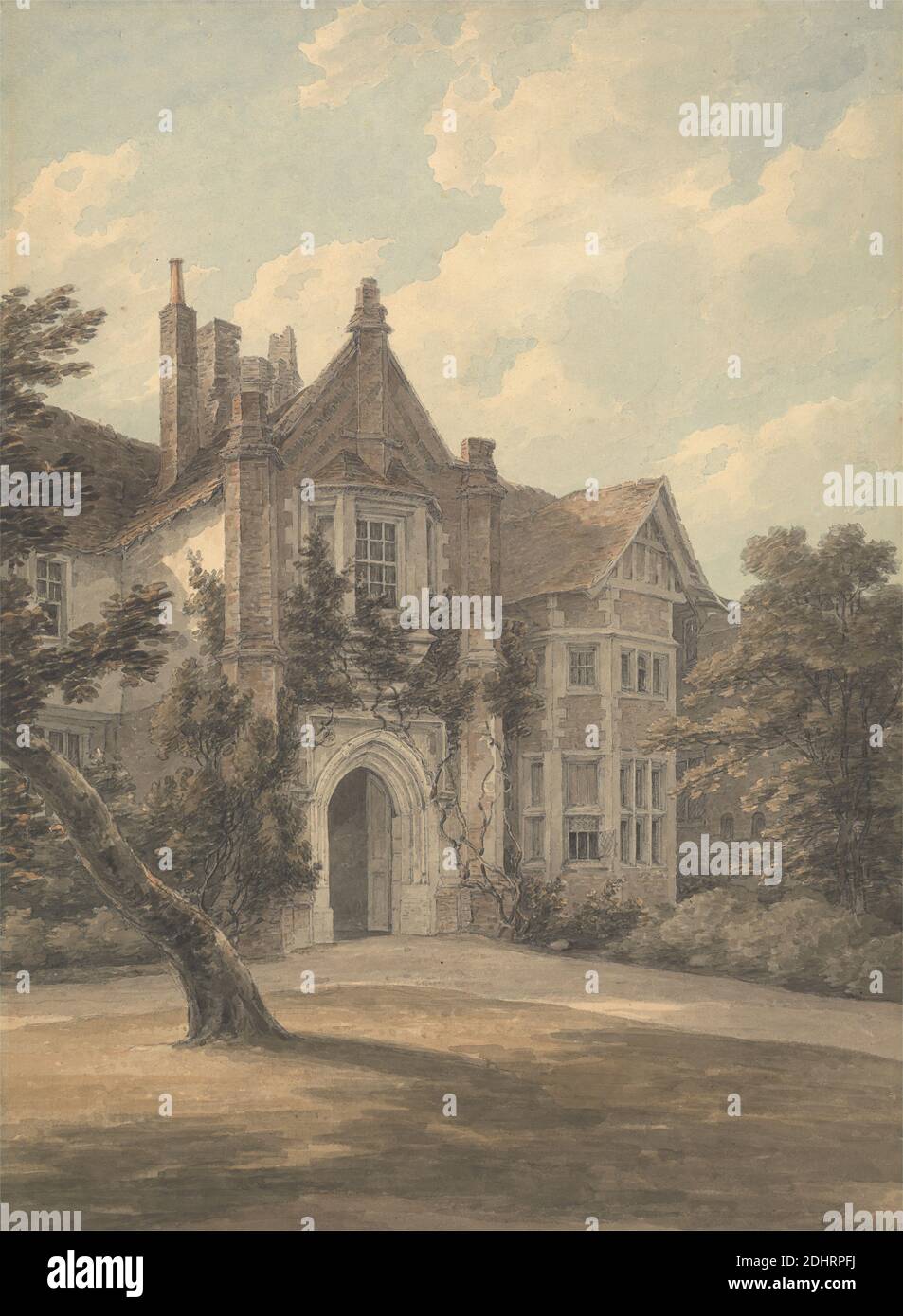 The Lecture House, Watford, Thomas Hearne, 1744–1817, British, 1807, acquerello e grafite su carta di wove crema di spessore moderato, leggermente testurizzata, bordo disegnato contemporaneo: 12 3/4 x 9 1/2 pollici (32.4 x 24.1 cm) e foglio: 12 1/4 x 9 1/8 pollici (31.1 x 23.2 cm), archi, soggetto architettonico, cespugli, camini, nuvole, casa di campagna, giardino, edera, sala conferenze, percorso, portale, strada, ombra, sole, alberi, finestre, Inghilterra, Europa, Hertfordshire, Regno Unito, Watford Foto Stock