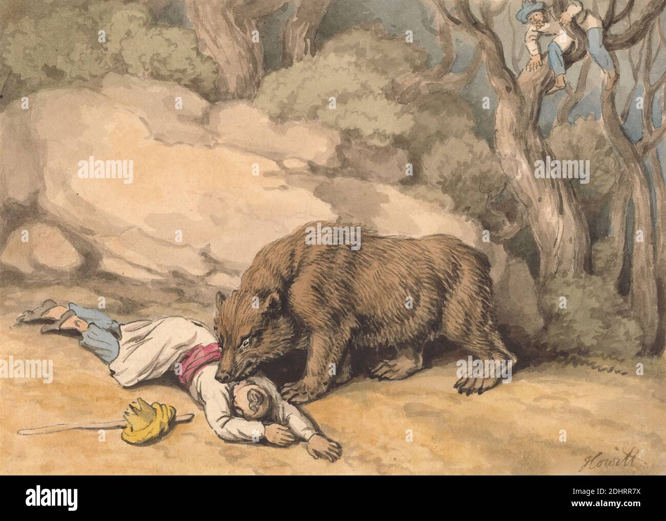 Un orso che attacca un indiano caduto, Samuel Howitt, 1756–1822, britannico, non satinato, acquerello, penna e inchiostro nero e grafite su carta di wove crema di spessore moderato, leggermente testurizzata, foglio: 5 1/8 × 7 1/8 pollici (13 × 18.1 cm), arte animale, attacco, orso, uomini Foto Stock