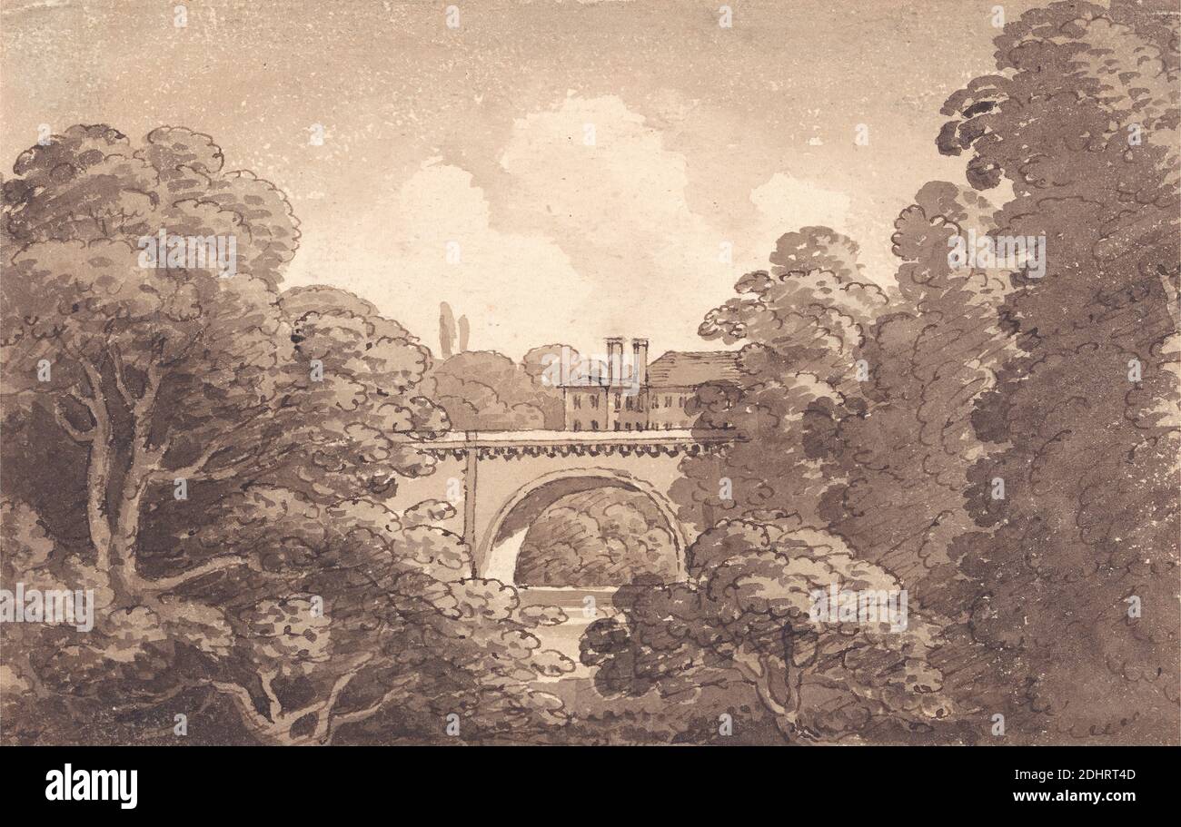 Vista di un ponte, George Heriot, 1766–1844, inglese, 1819, penna e inchiostro marrone e lavaggio marrone su carta wove di spessore moderato, ruvida, beige, foglio: 4 5/8 × 7 3/8 pollici (11.7 × 18.7 cm), soggetto architettonico, ponte (opera costruita), edificio, alberi Foto Stock