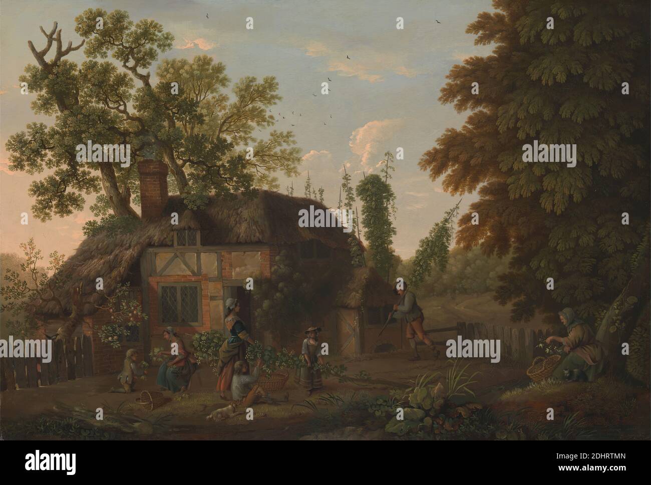 Luppolo Pickers fuori di un cottage, George Smith, 1714–1776, britannico, metà del 18 ° secolo, olio su tela, supporto (PTG): 17 × 24 7/8 pollici (43.2 × 63.2 cm), agricoltura, animale, cesto, uccelli, cofano, braghe, gatto (gatto domestico), bambini, cottage, cane (animale), abbigliamento, agricoltura, recinzione, raccolto, paesaggio, uomini, percorso, rurale, calze, donne Foto Stock