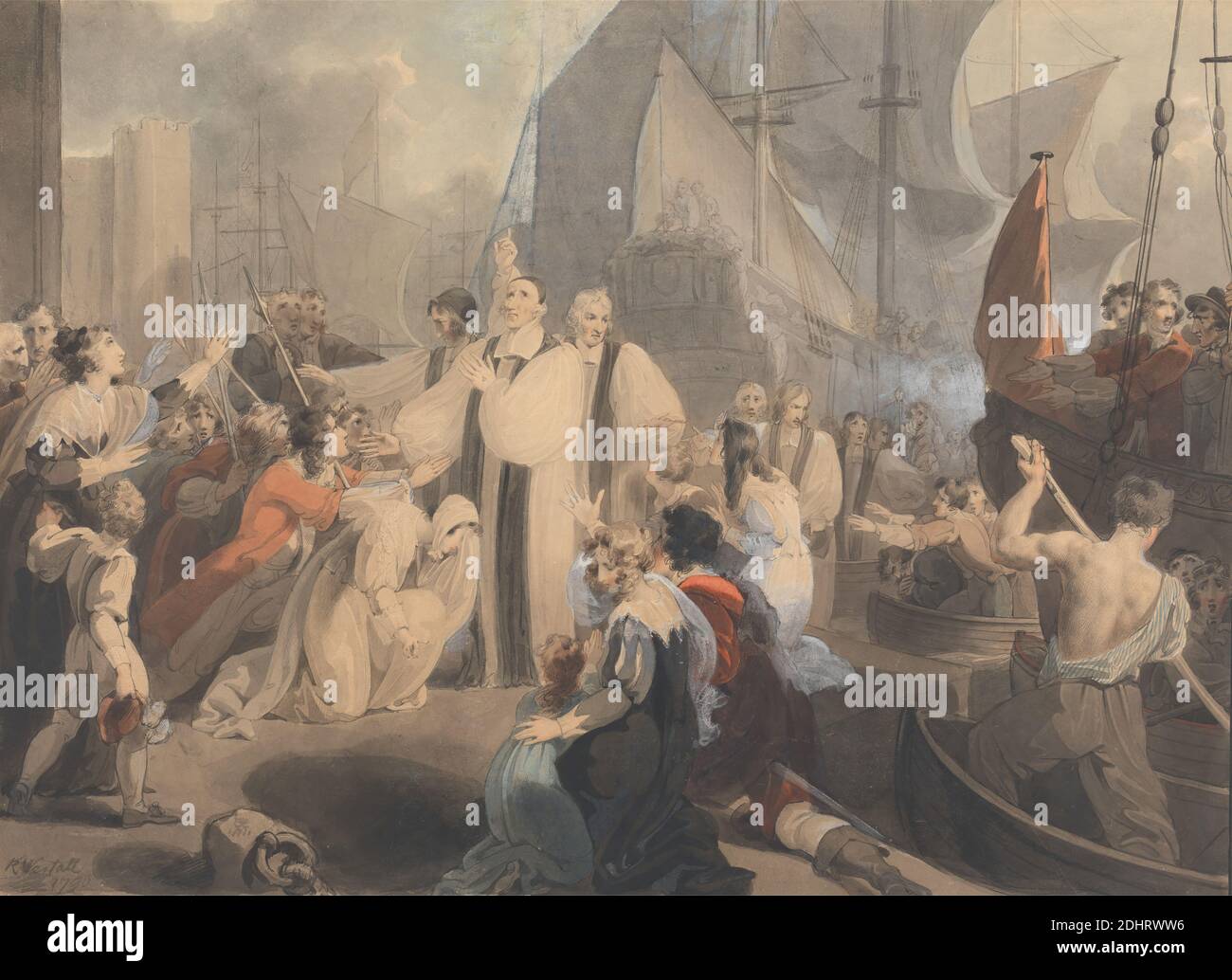 The Seven Bishops Going to Trial, Richard Westall, 1765–1836, British, 1790, acquerello con gouache e inchiostro nero, marrone e grigio su carta crema di spessore moderato, leggermente testurizzata, foglio: 13 1/2 x 46.7 cm (18 3/8 x 34.3 pollici) e supporto: 15 1/8 x 20 3/4 pollici (38.4 x 52.7 cm), vescovi, barche, castello, bambini, folla, abiti, bandiere, cappelli, soggetto storico, alberi, uomini, remi, plume, soggetto religioso e mitologico, canottaggio, vele, navi, fumo, lance (armi), spada, prova, donne Foto Stock