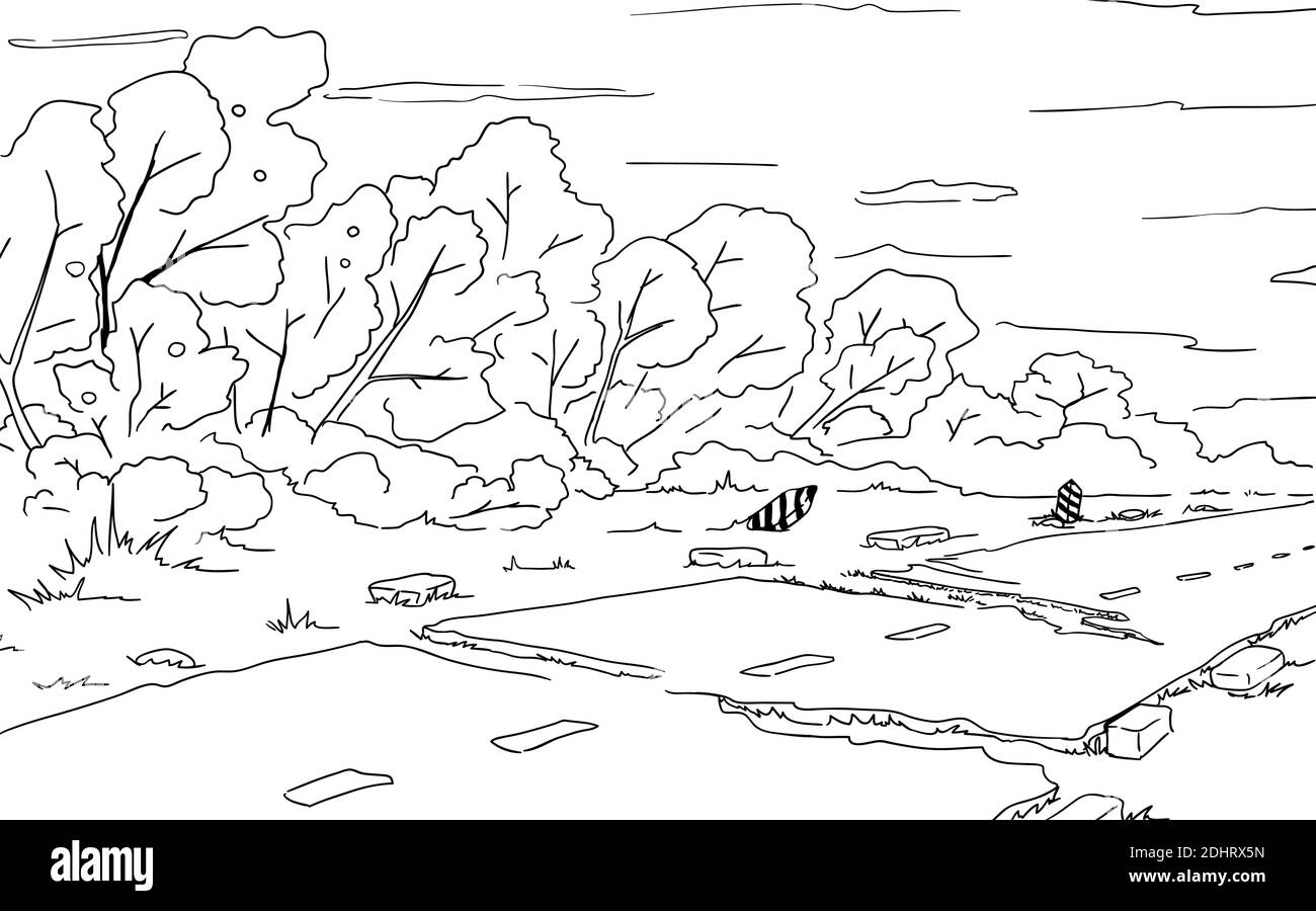 Vecchio disegno di linea cartoni animati del paesaggio stradale, vettore, orizzontale, bianco e nero Illustrazione Vettoriale