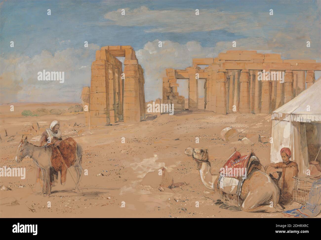 Il Ramesseum a Thebes, John Frederick Lewis, 1804–1876, inglese, tra il 1841 e il 1851, acquerello, gouache bianco, gesso nero e grafite con graffiatura su carta media, leggermente testurizzata, wove beige, foglio: 13 3/4 × 20 1/8 pollici (34.9 × 51.1 cm) e cornice: 23 1/4 × 29 1/4 × 1 1/4 pollici (59.1 × 74.3 × 3.2 cm), soggetto architettonico, gabbia, cammello (mammifero), deserto, asino, soggetto di genere, geroglifici, uomini, rovine, tempio, tenda, Africa, Egitto, Qina, Ramesseum, Tebe Foto Stock