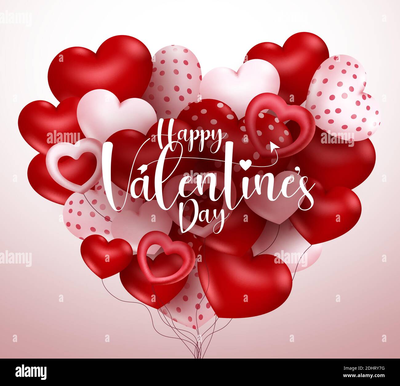 Valentine hearts balloon vettore background concept design. Buon giorno di San Valentino saluto testo con cuore palloncino elemento galleggiante per romantico. Illustrazione Vettoriale