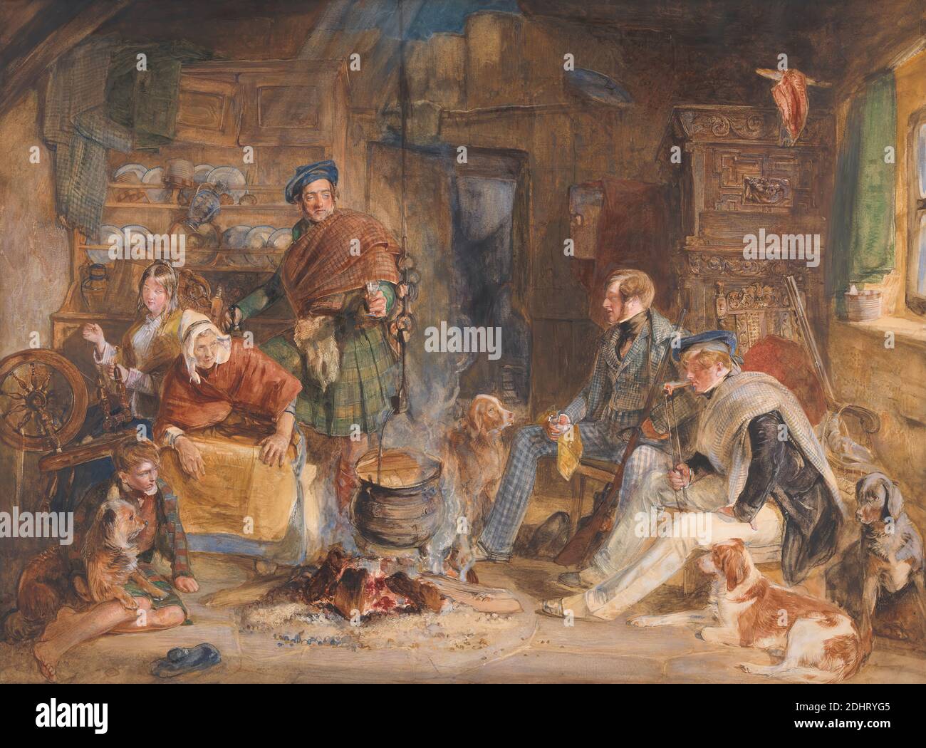 Highland Hospitality, John Frederick Lewis, 1804–1876, British, 1832, acquerello, gouache, gomma e grafite con graffiatura su carta media, leggermente testurizzata, crema di wove, foglio: 22 1/8 x 29 7/8 pollici (56.2 x 75.9 cm), cani (animali), kilt, uomini, ruote girevoli, donne, Scozia Foto Stock