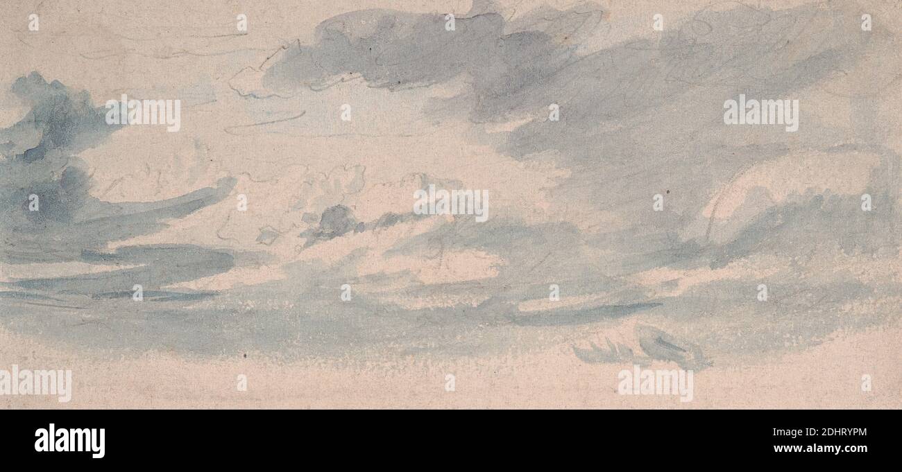 Studio della nuvola - Cumulus, attribuito a Thomas Lindsay, 1793–1861, britannico, ondeggiato, acquerello e grafite su carta media, leggermente testurizzata, crema di wove, foglio: 2 3/8 × 5 pollici (6 × 12.7 cm), blu, nuvole, linea d'orizzonte, paesaggio, panorama, rosso, cielo Foto Stock