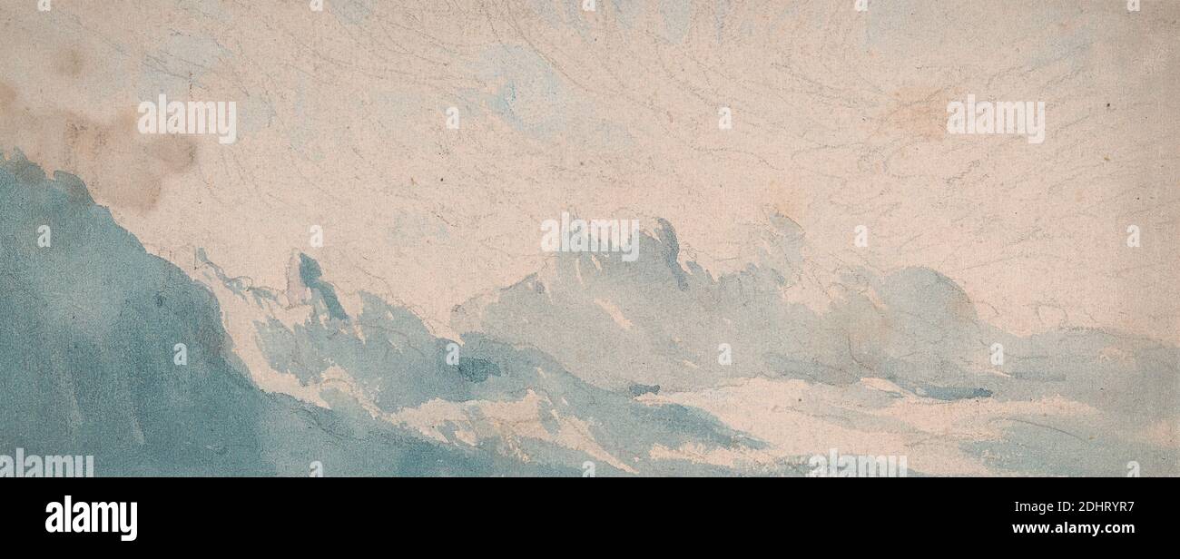 Wispy Cloud sopra una formazione alpina, attribuita a Thomas Lindsay, 1793–1861, inglese, non satinato, acquerello e grafite su carta di wove crema di spessore moderato, leggermente testurizzata, foglio: 2 1/2 × 6 pollici (6.4 × 15.2 cm), blu, nuvole, linea d'orizzonte, paesaggio, panorama, cielo Foto Stock