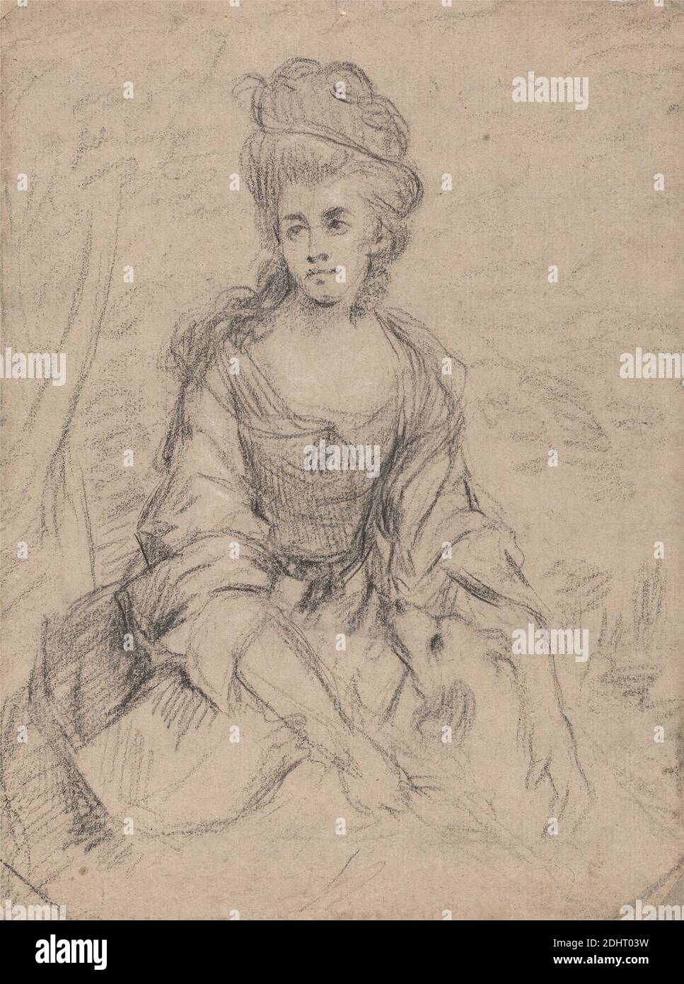 Ritratto di una Signora, attribuito ad Angelica Kauffmann RA, 1741–1807, svizzero, attivo in Gran Bretagna (1766–81), non satinato, gesso nero e gesso bianco su carta media, leggermente testurizzata, beige, foglio: 9 5/8 x 7 5/16in. (24.4 x 18,6 cm) e foglio: 9 5/8 × 7 3/8 pollici (24.4 × 18.7 cm), cane (animale), studio di figura, signora, seduto, donna Foto Stock