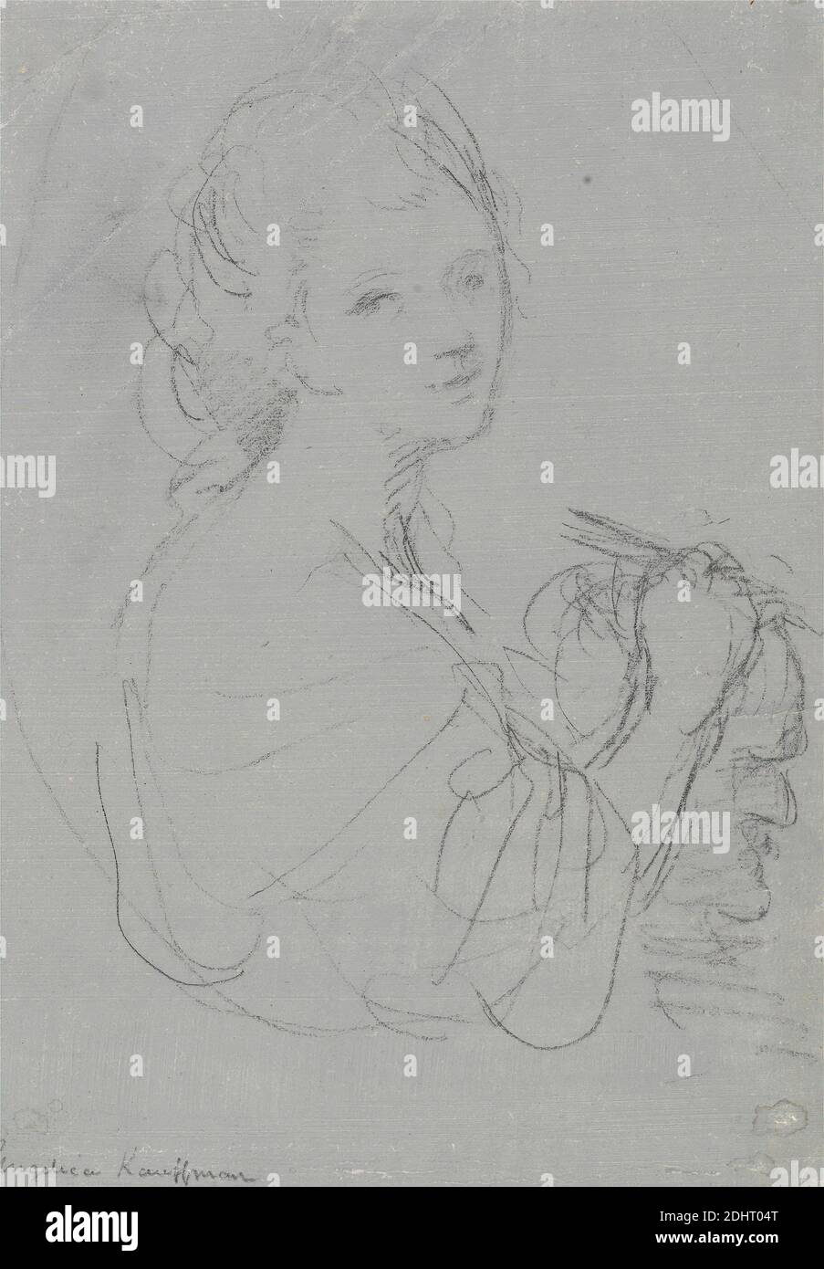 Autoritratto, Angelica Kauffmann RA, 1741–1807, svizzero, attivo in Gran Bretagna (1766–81), non satinato, gesso nero, lavaggio blu, inchiostro a penna e marrone, e grafite su carta media, leggermente testurizzata, panna, foglio: 10 1/16 x 7 1/8in. (25.6 x 18.1cm) e foglio: 10 1/8 × 7 3/8 pollici (25.7 × 18.7 cm), busto, studio di figura, ritratto, scultura, autoritratto Foto Stock