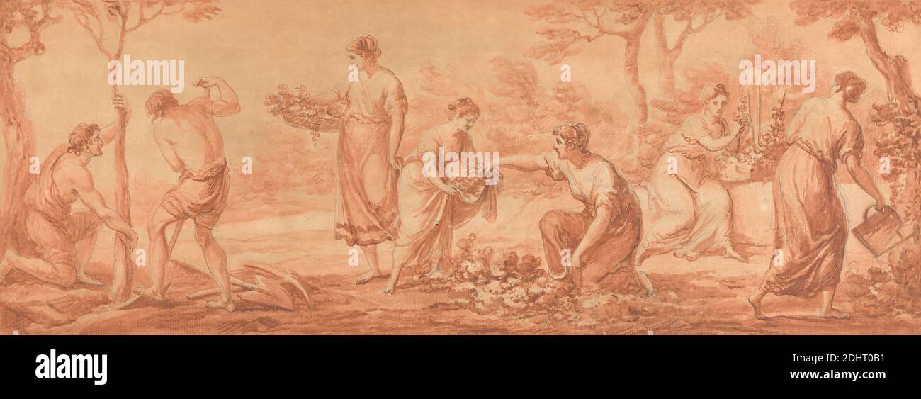 A Frieze: Uomini piantando alberi, Donne che raccolgono fiori e innaffiatura Fiori, Angelica Kauffmann RA, 1741–1807, Svizzera, attivo in Gran Bretagna (1766–81), non satinato, rosso lavaggio con penna e inchiostro rosso su grafite su terreno, testurizzato leggermente, carta panna, foglio: 7 1/2 × 19 7/8 pollici (19.1 × 50.5 cm) e supporto: 1/2 × 57.8 cm (9 × 22 3/4 24.1 pollici) Foto Stock