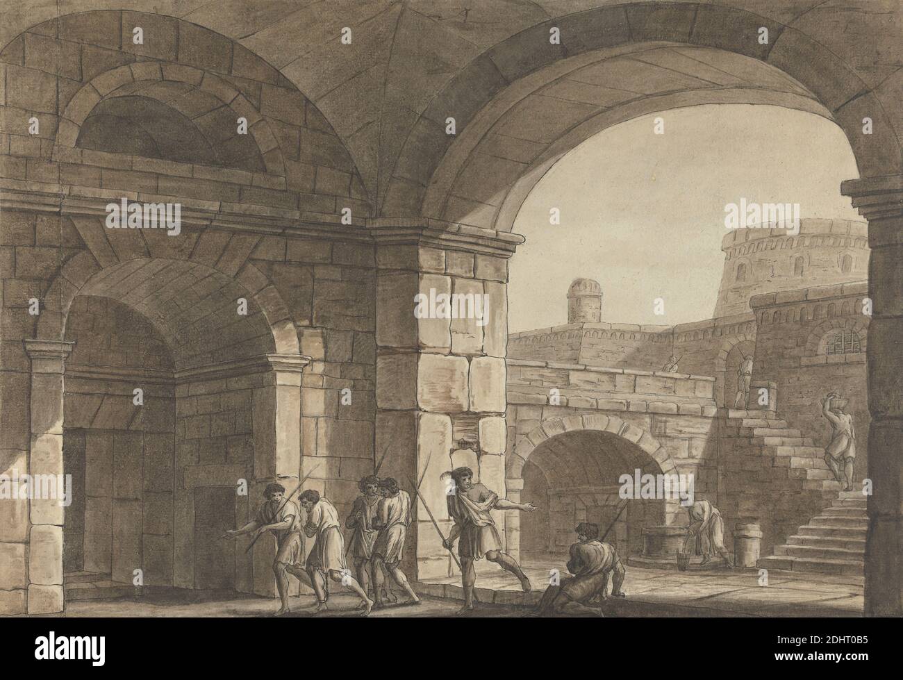 Scena in una prigione romana, attribuita ad Angelica Kauffmann RA, 1741–1807, Svizzera, attiva in Gran Bretagna (1766–81), non saturata, marrone lavaggio con penna e inchiostro nero su grafite su carta media, leggermente testurizzata, crema di wove deposta su due fogli Uniti di media, moderatamente testurizzata, carta deposta blu, foglio: 11 1/2 x 16 13/16 poll. (29.2 x 42,7 cm), istituzione correttistica, soggetto di genere, Grand Tour, prigione, Roma Foto Stock