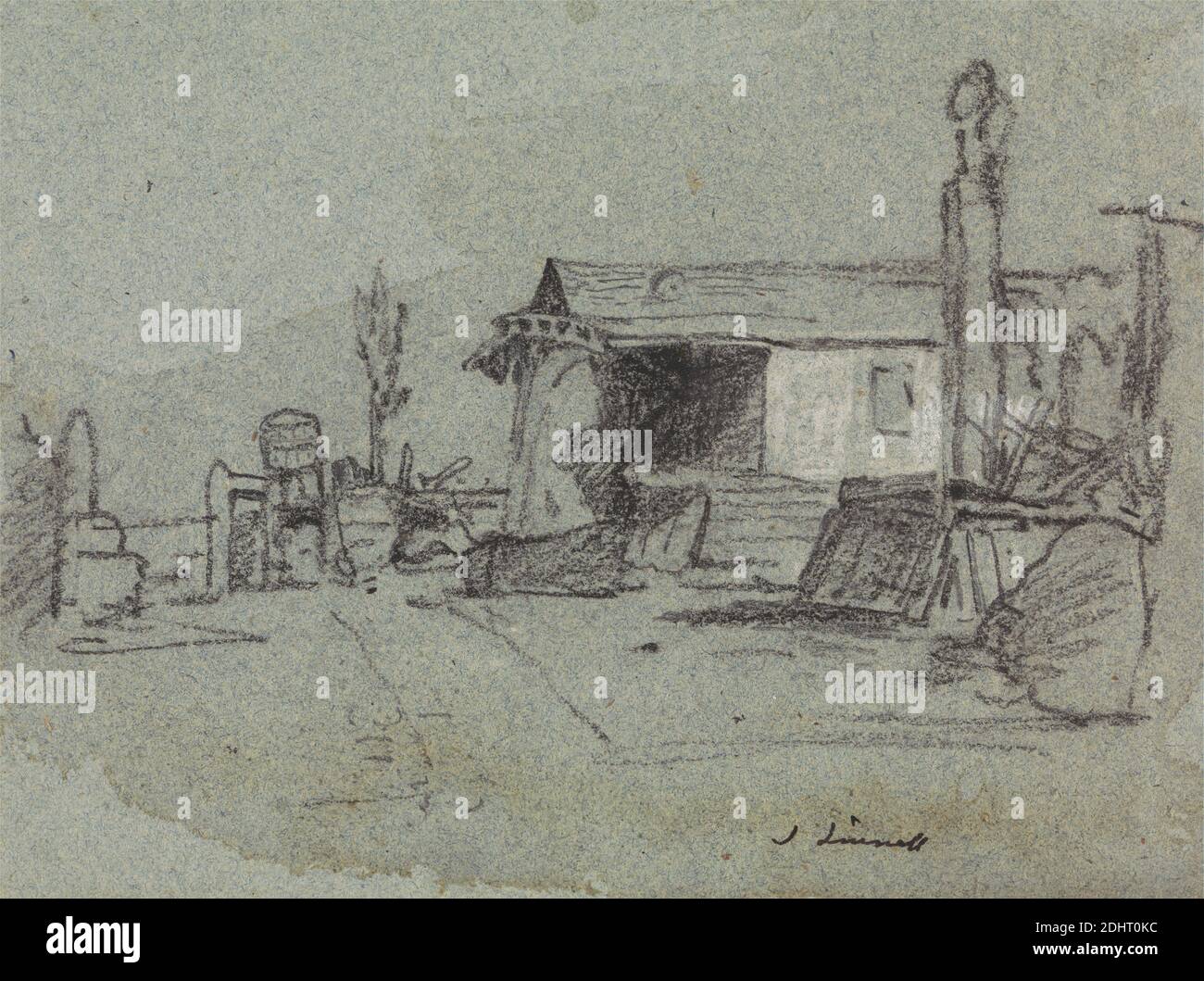 A Scene in the Edgware Road, Londra, John Linnell, 1792–1882, British, 1806, gesso bianco e nero su carta in wove media, leggermente testurizzata, blu-grigio, foglio: 4 1/2 x 6 1/4 pollici (11.4 x 15.9 cm), soggetto architettonico, barili, recinzioni, case, lampione, portico, strada, strada, spazzatura, Edgware, Inghilterra, Grande Londra, Londra, Regno Unito Foto Stock