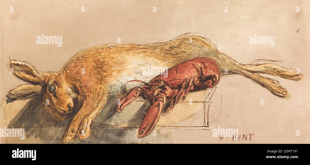 Una lepre morta e un aragosta cotta su un banco, William Henry Hunt, 1790–1864, inglese, ca. 1827, inchiostro marrone e acquerello su grafite di spessore moderato, leggermente testurizzato, carta panna, bordo disegnato contemporaneo: 6 1/4 x 10 3/4 pollici (15.9 x 27.3 cm) e foglio: 4 1/8 x 8 7/8 pollici (10.5 x 22.5 cm), arte animale, panca, morto, cibo, lepre, aragosta, coniglio, ombra Foto Stock