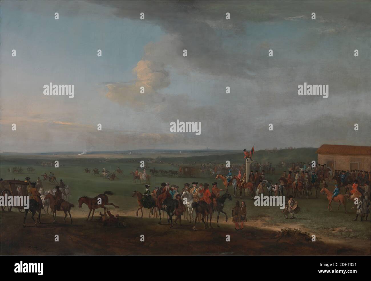 The Round Course at Newmarket, Cambridgeshire, preparandosi per il piatto del Re, Peter Tillemans, 1684–1734, fiammingo, attivo in Gran Bretagna (dal 1708), ca. 1725, olio su tela, supporto (PTG): 34 1/4 × 49 1/2 pollici (87 × 125.7 cm), carrozza, bambini, equestri, bandiere, scacchielli, uomini, gara (evento), gare, spettatori, pista, donne, Cambridgeshire, Inghilterra, Europa, Newmarket, Suffolk, Regno Unito Foto Stock