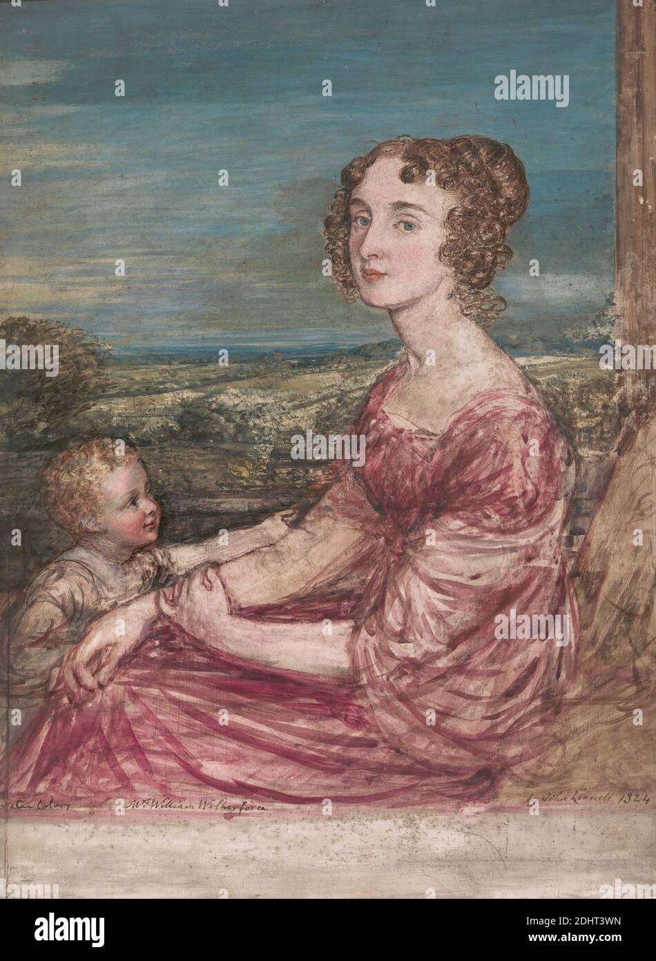 William Wilberforce and Child, John Linnell, 1792–1882, British, 1824, acquerello, gouache, e grafite su gesso rigato terra su pannello, foglio: 14 x 10 1/4 pollici (35.6 x 26 cm), bambino, bambino, bambini, ricci, vestito, sguardo, paesaggio, madre, ritratto, posa, seduta, donna Foto Stock