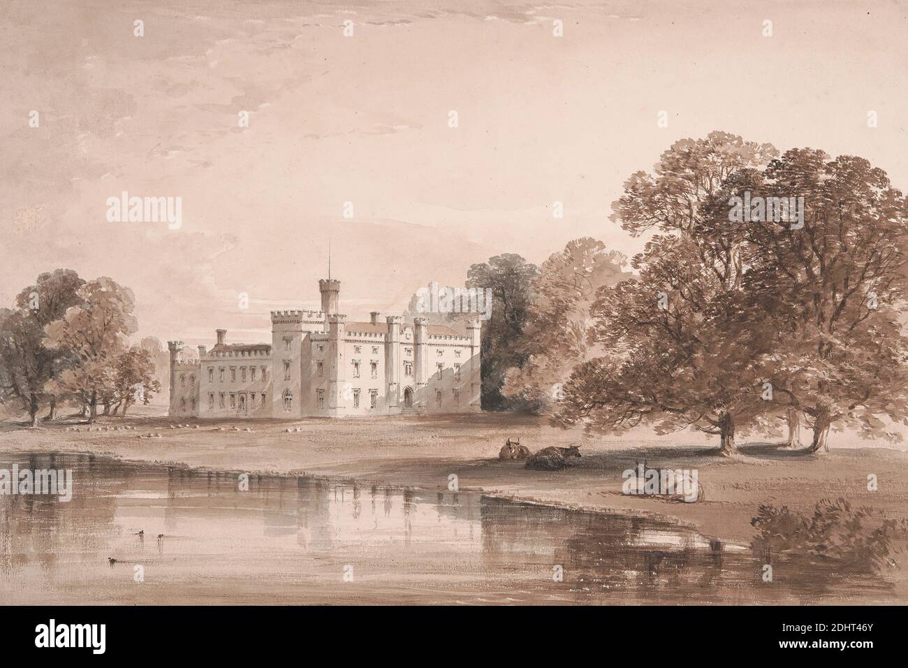 Chiddingstone Place, Vista dal lago, William Knight, attivo 1807–1845, ca. 1850, lavaggio marrone, lavaggio grigio e grafite con graffiatura su carta media, leggermente testurizzata, carta di wove crema, foglio: 8 × 11 7/8 pollici (20.3 × 30.2 cm), soggetto architettonico, castello, mucche, lago, paesaggio, maniero, Chiddingstone, Chiddingstone Place, Inghilterra, Kent, Sevenoaks, Sevenoaks, Regno Unito Foto Stock