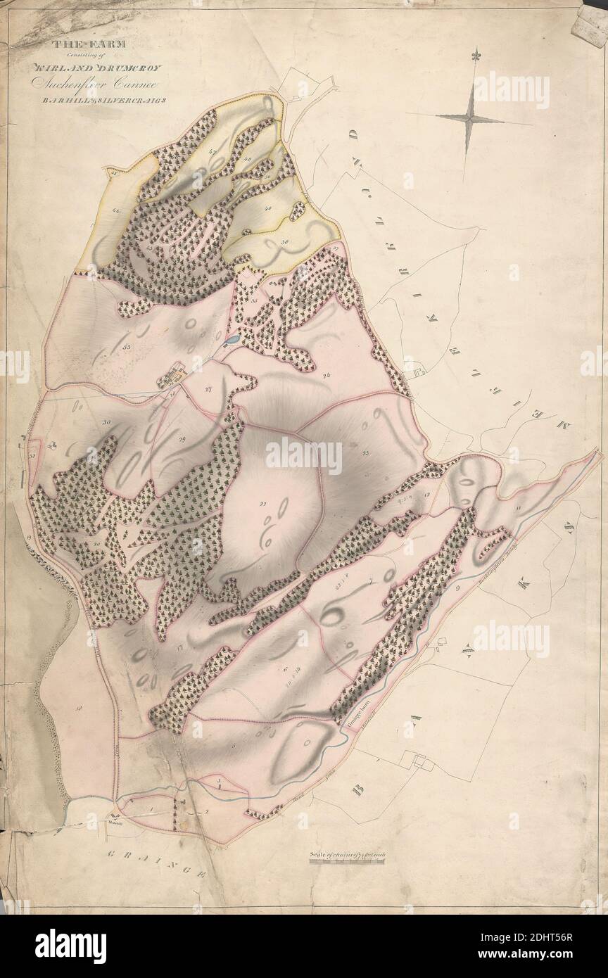 Una raccolta di indagini delle Estates scozzesi del conte di Selkirk: L'Azienda agricola composta da Kirkland Drumcroy, Auchenfloor, Cannee, Barhill e Silvercraigs (ex Nuntons), artista sconosciuto, non satinato, grafite, acquerello, penna e inchiostro nero su carta di wove leggermente testurizzata, di spessore moderato, crema, foglio: 33 15/16 × 22 13/16 pollici (86.2 × 57.9 cm), soggetto architettonico Foto Stock