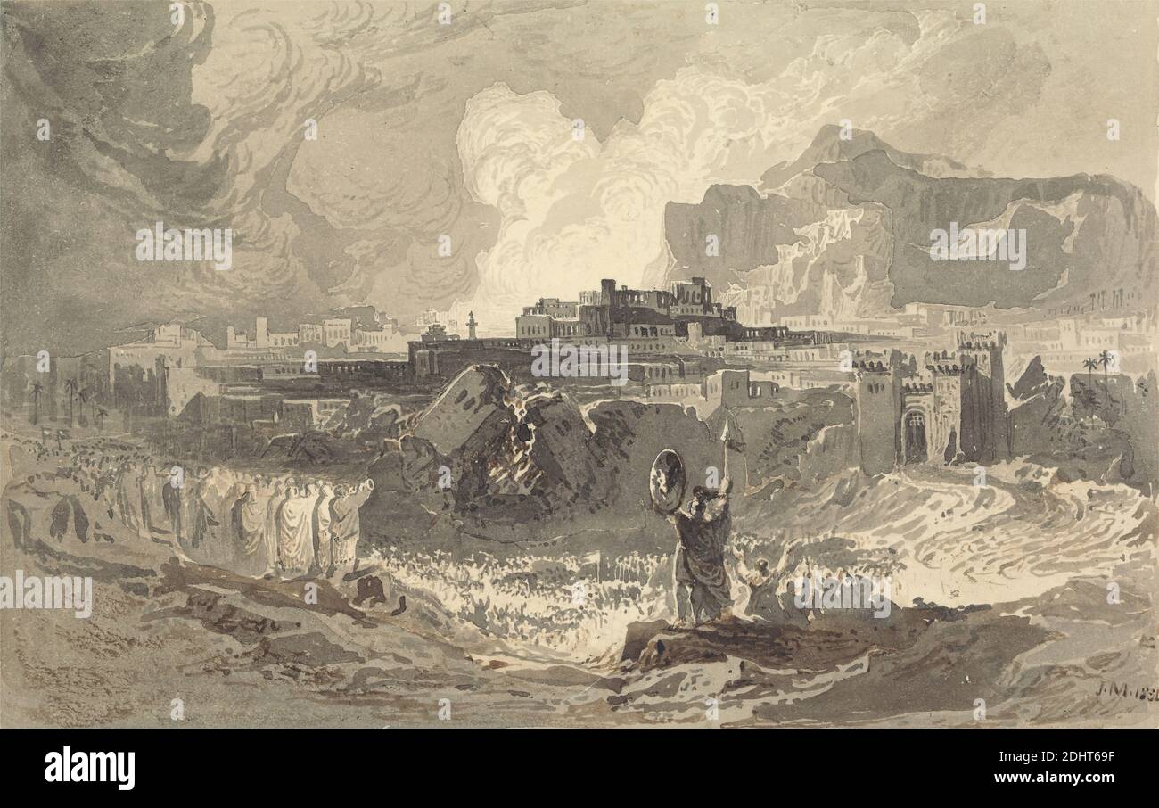 Le pareti di Jericho, John Martin, 1789–1854, British, 1834, Grigio e marrone lavano con inchiostro a penna e marrone su carta media, leggermente testurizzata, color crema montata su carta spessa, leggermente testurizzata, crema, supporto: 3 7/8 x 5 7/8 pollici (9.8 x 14.9 cm) e foglio: 3 7/16 x 5 7/16 pollici (8.7 x 13.8 cm), forze armate, battaglia, paesaggio urbano, nuvole, folla, porta, uomini, montagne, il settimo giorno, ad un segnale da Giosuè, il popolo comincia a gridare e le pareti di Gerico crollano, soggetto religioso e mitologico, gridando, fumo, muri, ad Daffah al Gharbiyah, Asia, Israele, Gerico Foto Stock