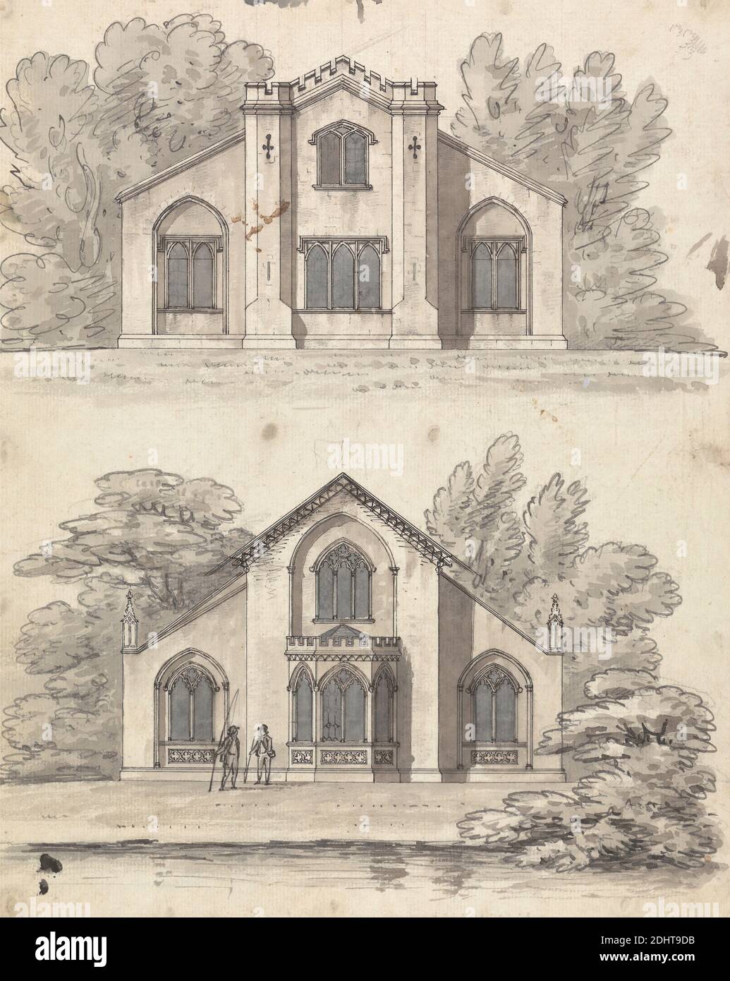 Disegni preparatori per i disegni 3 e 4, piastra 2 di una collezione di disegni per ritiri rurali, James Malton, 1761–1803, British, 1802, lavaggio grigio, inchiostro penna e nero, e grafite su carta sottile, leggermente testurizzata, crema, montata su carta media, leggermente testurizzata, crema, foglio: 9 5/8 x 7 13 pollici (24.4 x 19.8cm) e foglio: 9 3/4 × 7 7/8 pollici (24.8 × 20 cm), soggetto architettonico, castello, case di campagna, casa, ritiro, rurale Foto Stock