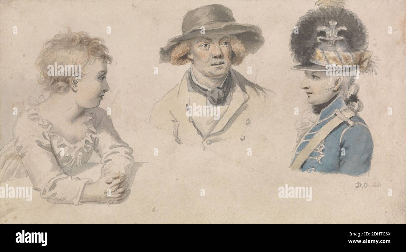 Studi di carattere: Un bambino, UN uomo in un cappello, ufficiale militare, Daniel Orme, 1766–1837, britannico, non satinato, acquerello su carta media, leggermente testurizzata, crema di wove, foglio: 5 1/4 × 9 3/8 pollici (13.3 × 23.8 cm), cavalleria, bambino, cappotti, cockade, costume, studio della figura, cappelli, teste, casco, uomini, cravatta, ufficiale (ufficiale militare), pennacchio, ruff, uniforme Foto Stock