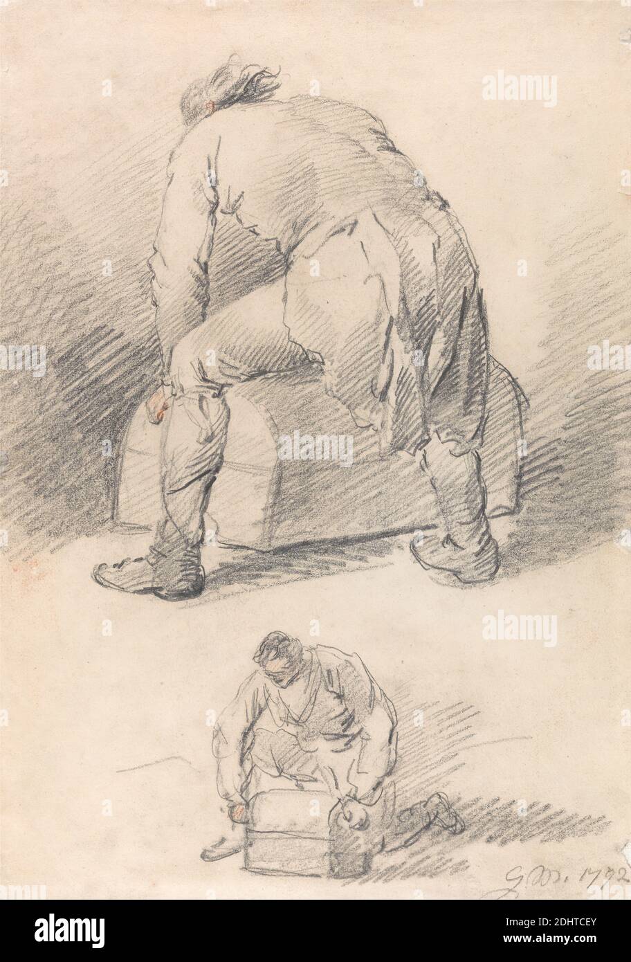 Un uomo che solleva un tronco, due studi su un foglio, George Morland, 1763–1804, British, 1792, grafite, gesso nero e gesso rosso su carta media, leggermente testurizzata, in wove crema, foglio: 11 5/16 x 8 1/16in. (28.7 x 20,5 cm) e foglio: 11 1/4 × 8 pollici (28.6 × 20.3 cm), petto, studio di figura, figure (rappresentazioni), uomini, casse a capriate Foto Stock