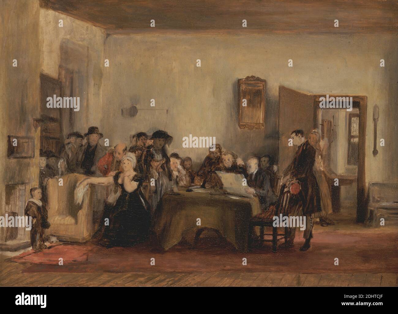 Schizzo per 'la lettura di una volontà', Sir David Wilkie, 1785–1841, British, 1820, olio a bordo, supporto (PTG): 7 1/2 x 10 pollici (19.1 x 25.4 cm), poltrona, avvocati, cofano, bambini, morte, famiglia, camino, dolore, cappello, avvocato, uomini, specchio, lutto, notaio, lettura, studio (lavoro visivo), donne Foto Stock