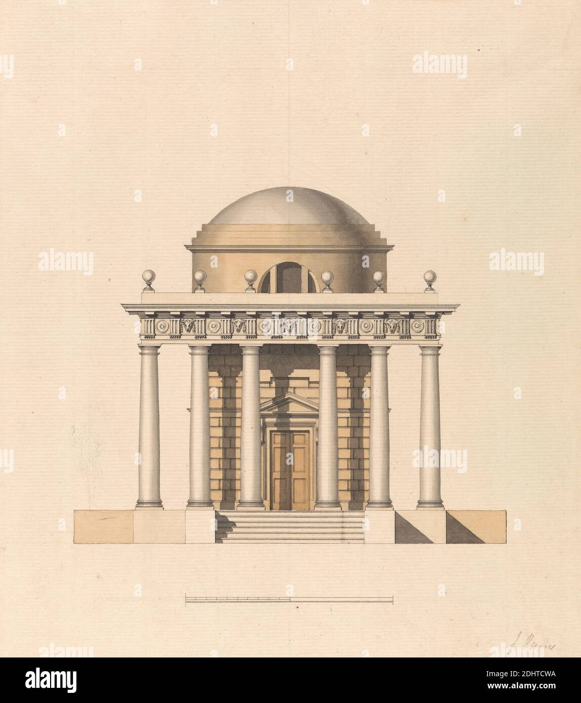 Disegno per un tempio circolare a cupola: Elevazione, James Paine, 1717–1789, inglese, non satinato, penna e inchiostro grigio, lavaggio grigio, lavaggio marrone, e grafite su carta media, leggermente testurizzata, crema di carta, foglio: 9 3/4 x 8 11/16in. (24.8 x 22,1 cm) e foglio: 11 7/8 × 11 1/4 pollici (30.2 × 28.6 cm), soggetto architettonico Foto Stock