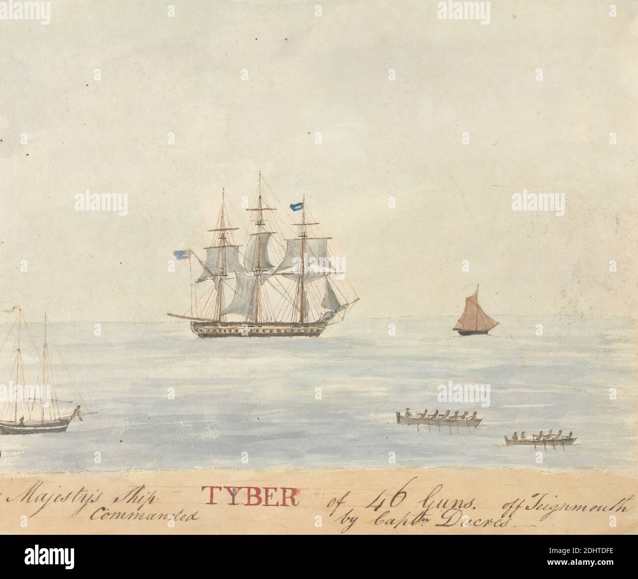 Majesty's Ship Tyber of 46 Guns Off Teignmouth, comandato da Captain Dacres, artista sconosciuto, XIX secolo, non satinato, acquerello e penna e inchiostro marrone su media, leggermente testurizzata, carta in wove crema, foglio: 7 1/4 × 9 pollici (18.4 × 22.9 cm), arte marina, nave, Inghilterra, Teignmouth Foto Stock Majesty's Ship Tyber of 46 Guns Off Teignmouth, comandato da Captain Dacres, artista sconosciuto, XIX secolo, non satinato, acquerello e penna e inchiostro marrone su media, leggermente testurizzata, carta in wove crema, foglio: 7 1/4 × 9 pollici (18.4 × 22.9 cm), arte marina, nave, Inghilterra, Teignmouth Foto Stock