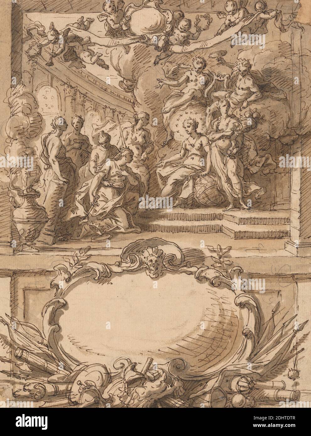 Design for a Wall Panel, Sir James Thornhill, 1675–1734, inglese, non satinato, penna e inchiostro marrone con lavaggio marrone su grafite media, moderatamente testurizzata, carta crema, foglio: 9 1/4 x 7 1/8 pollici (23.5 x 18.1 cm) e montaggio: 12 x 15 pollici (30.5 x 38.1 cm), anfore, soggetto architettonico, intagli, nubi, corone (componenti del costume), figure (rappresentazioni), globo (sfera cartografica), dipinti di storia, lira, pannello (area ornamentale), putti, soggetto religioso e mitologico, falce, scale, stelle, trombe, muro, armi e munizioni Foto Stock